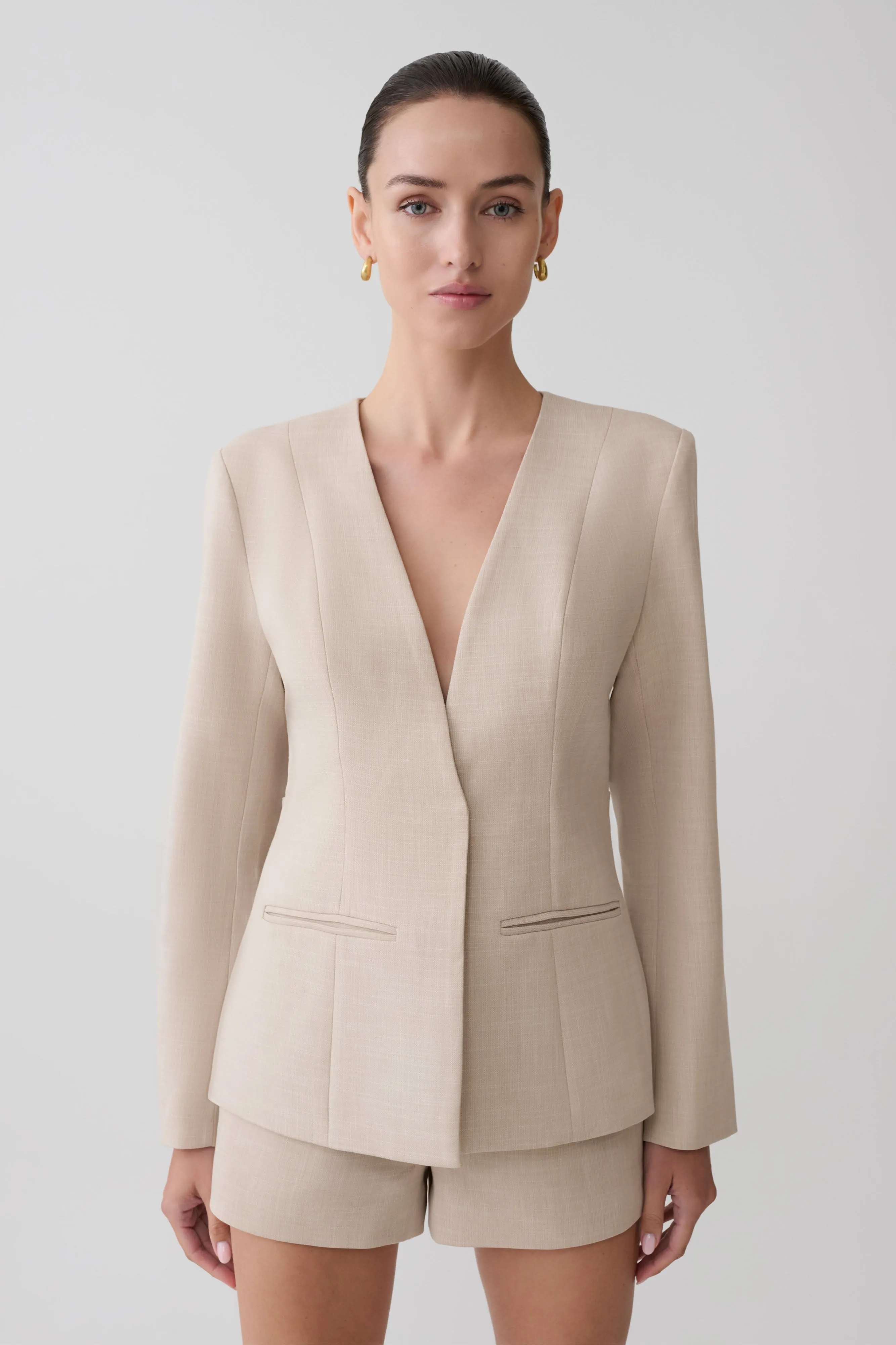 Solenne Collarless Suiting Blazer - Natural Marle sold by Meshki