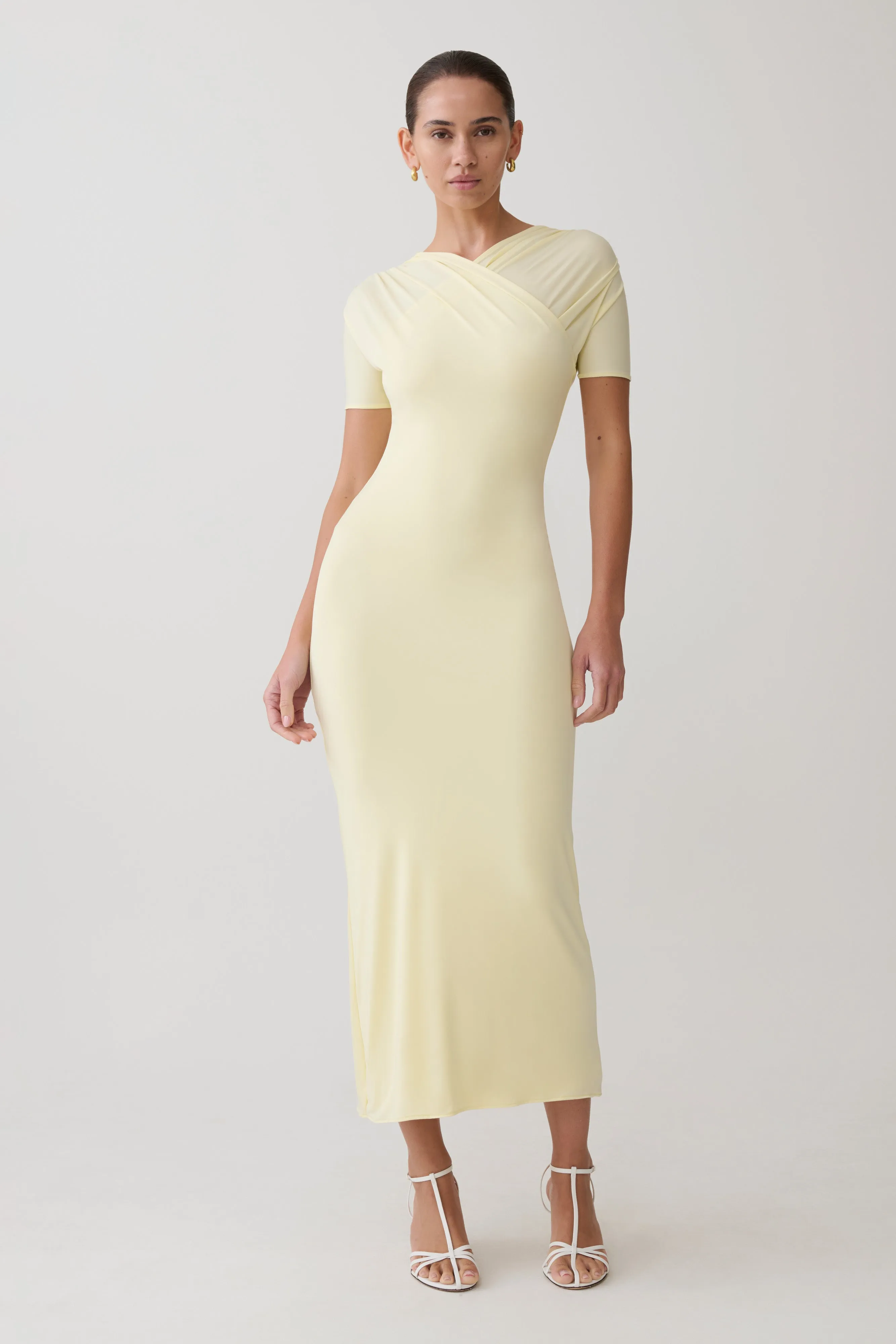 Junie Cross-Over Neck Slinky Maxi Dress - Lemon sold by Meshki