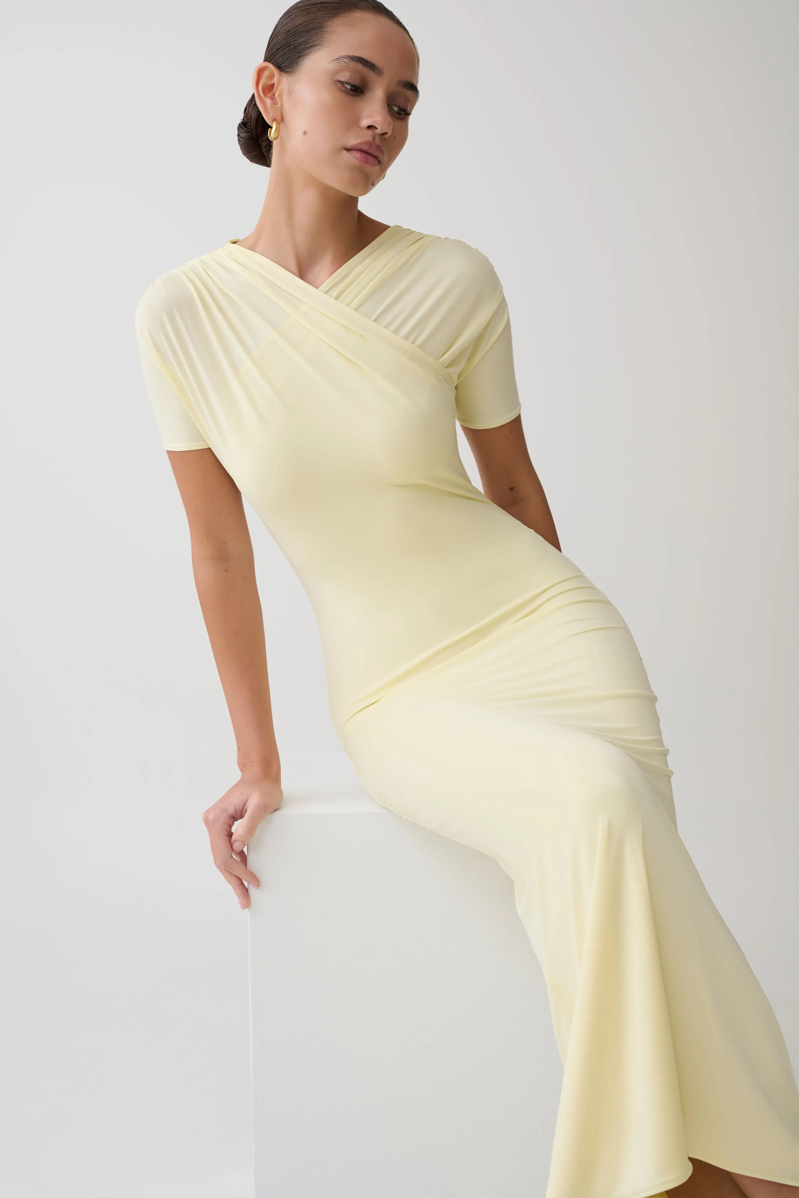 Junie Cross-Over Neck Slinky Maxi Dress - Lemon sold by Meshki product image thumbnail 5