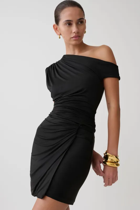 Alyn Off Shoulder Draped Mini Dress - Black made by Meshki