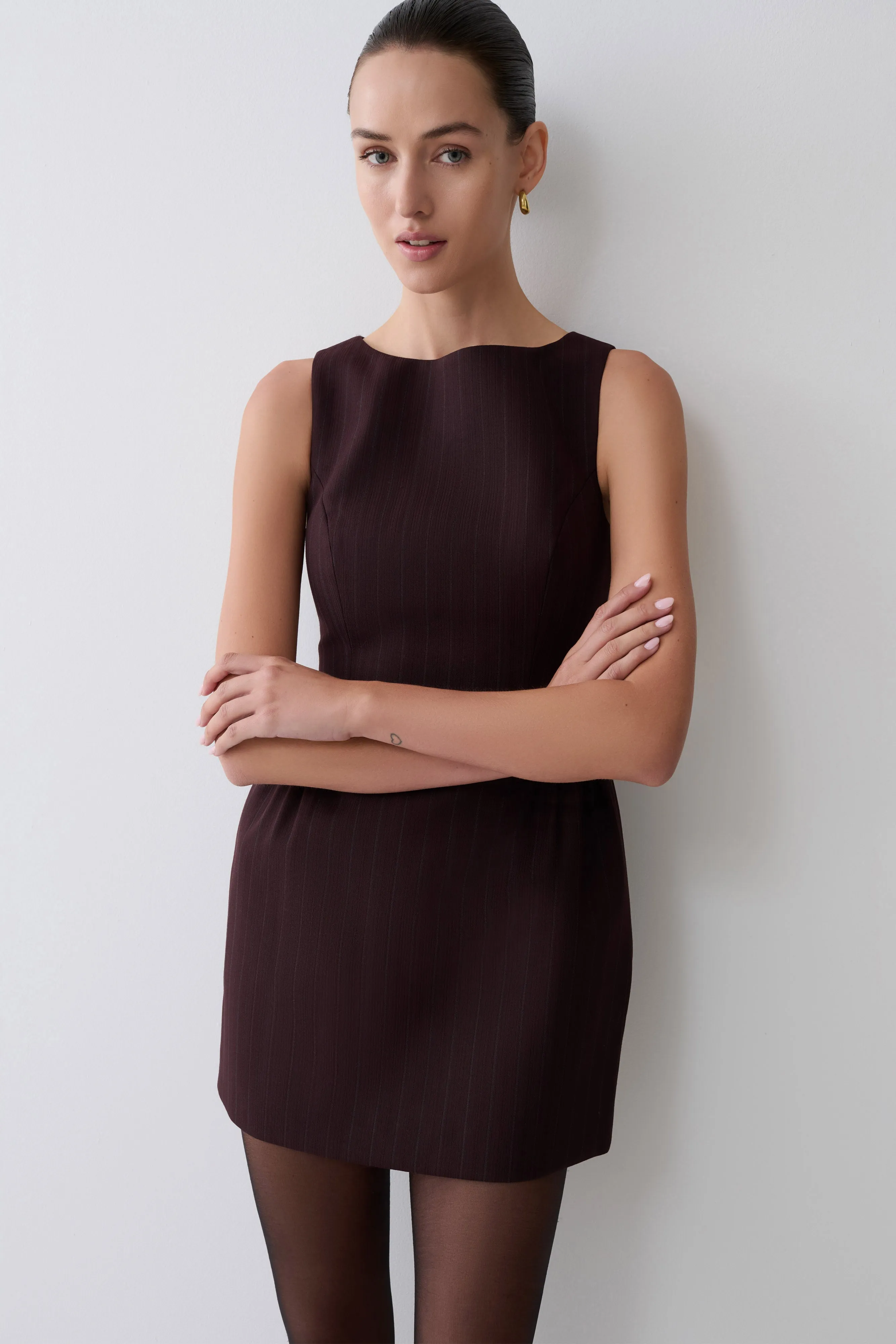 Hallie Boat Neck Mini Dress - Plum Pinstripe sold by Meshki product image thumbnail 3