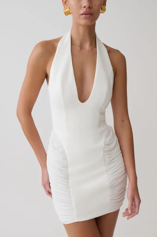 Anari Gathered Scuba Mini Dress - White made by Meshki