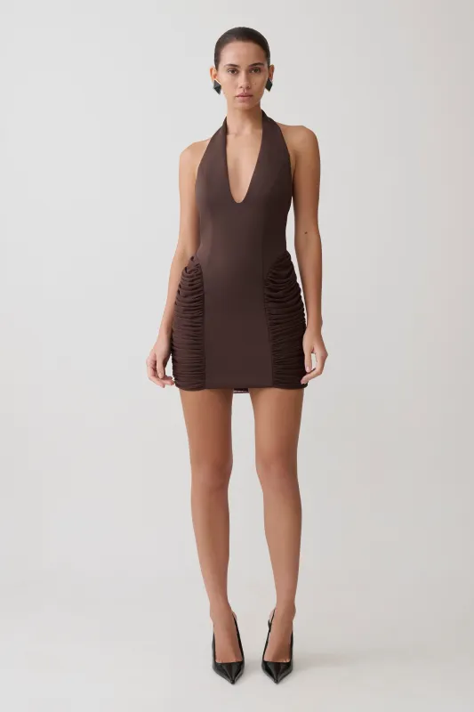 Anari Gathered Scuba Mini Dress - Dark Chocolate made by Meshki