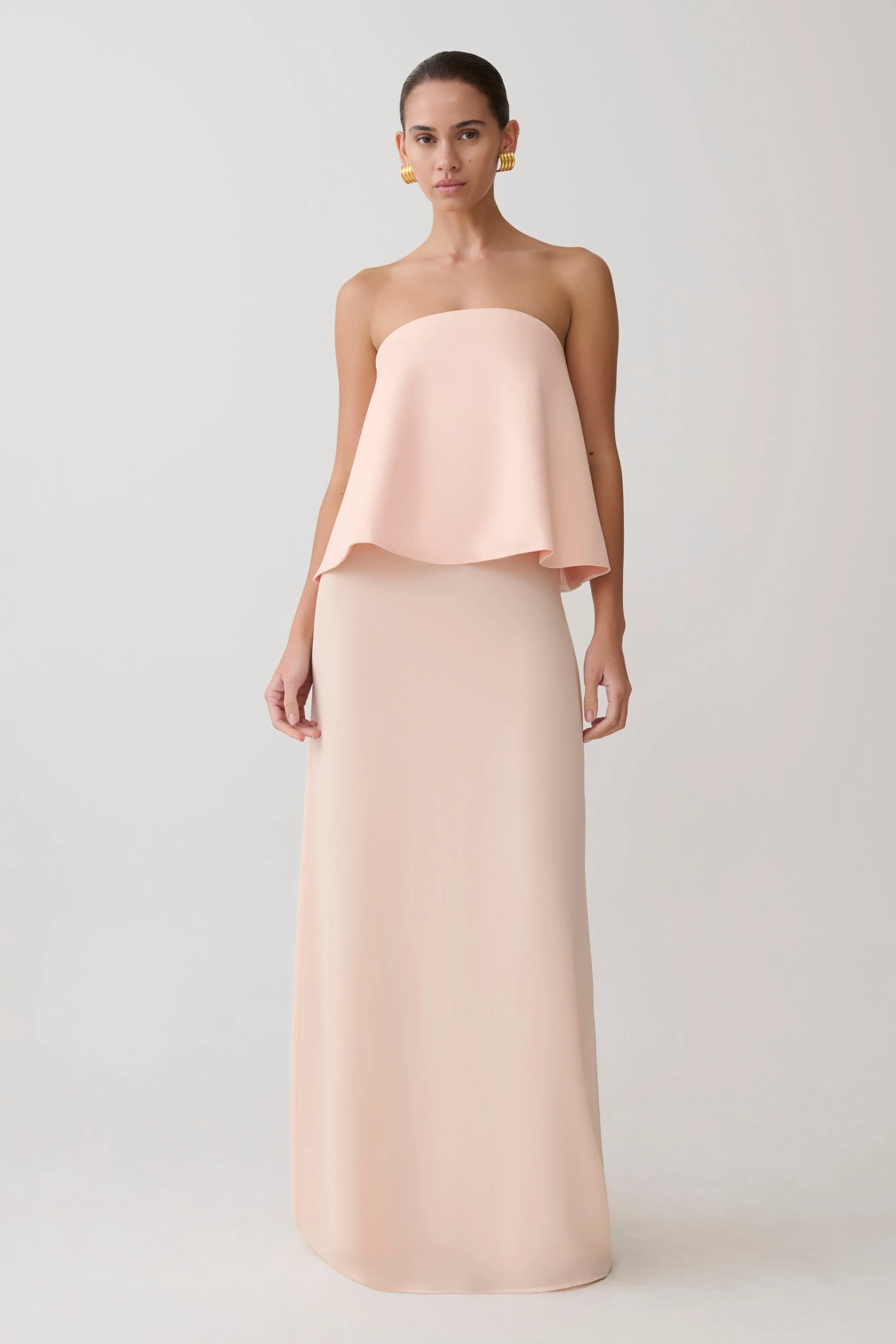 Sophia Satin Strapless Maxi Dress - Peach sold by Meshki