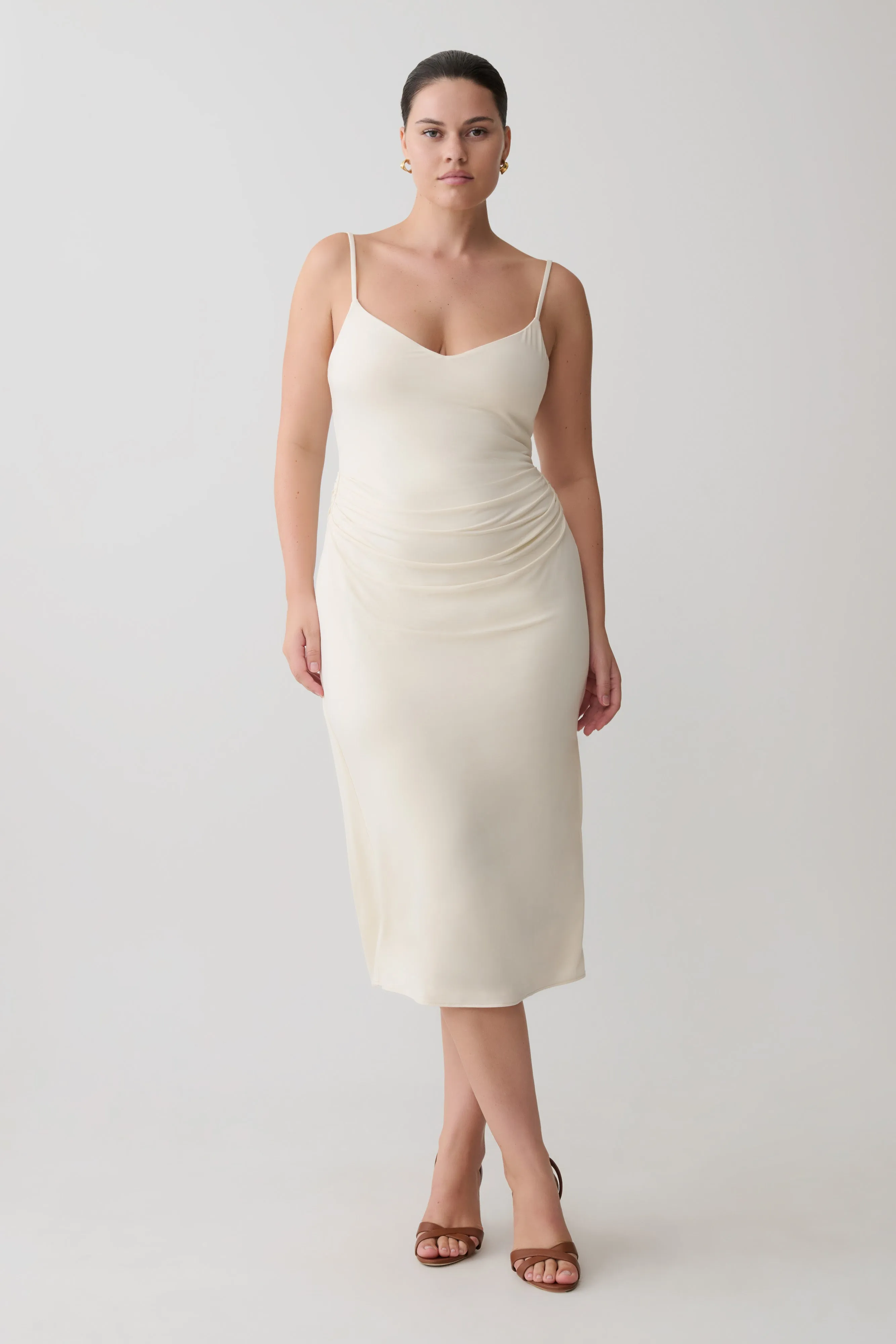 Vina Gathered Jersey Midi Dress - Ivory sold by Meshki product image thumbnail 4