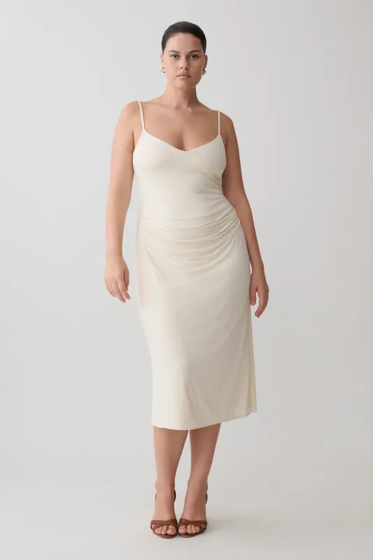 Vina Gathered Jersey Midi Dress - Ivory made by Meshki