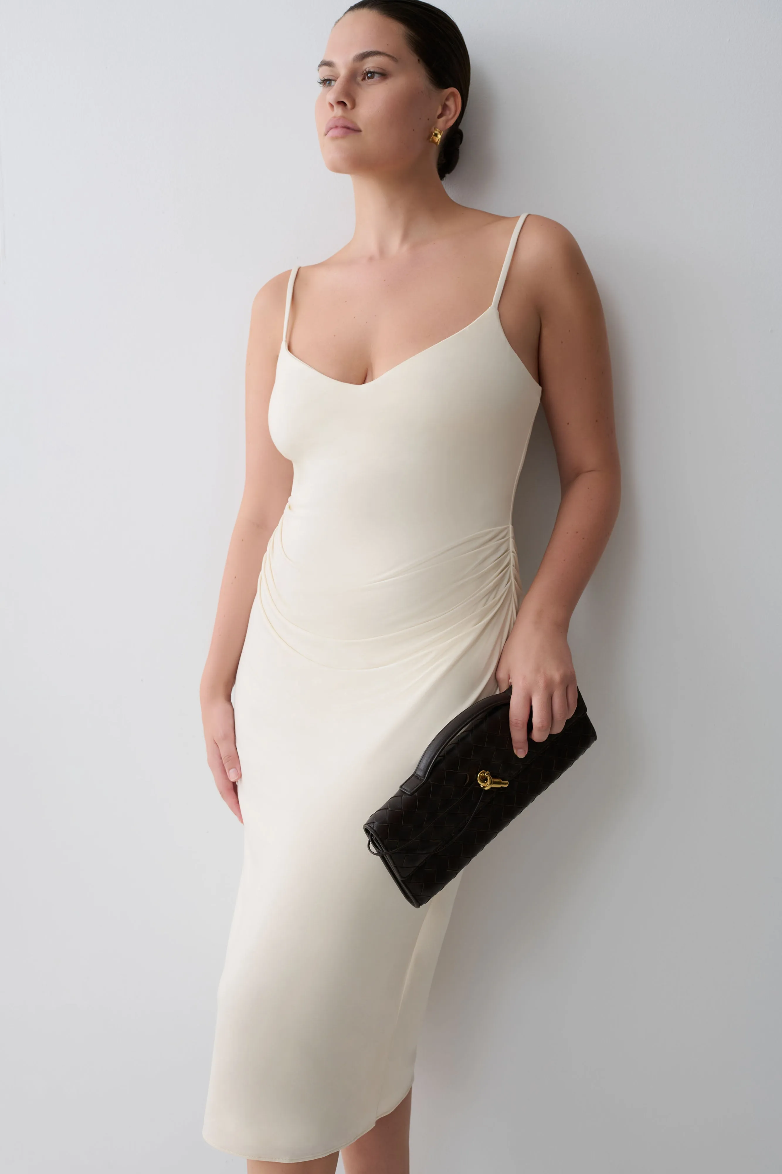 Vina Gathered Jersey Midi Dress - Ivory sold by Meshki product image thumbnail 3