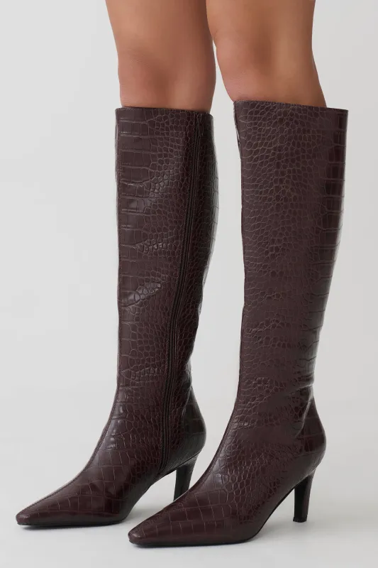 Sarah Faux Leather Crocodile Boot - Chocolate made by Meshki