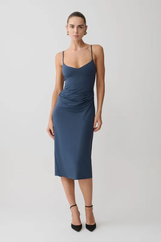 Vina Gathered Jersey Midi Dress - Ink Blue made by Meshki