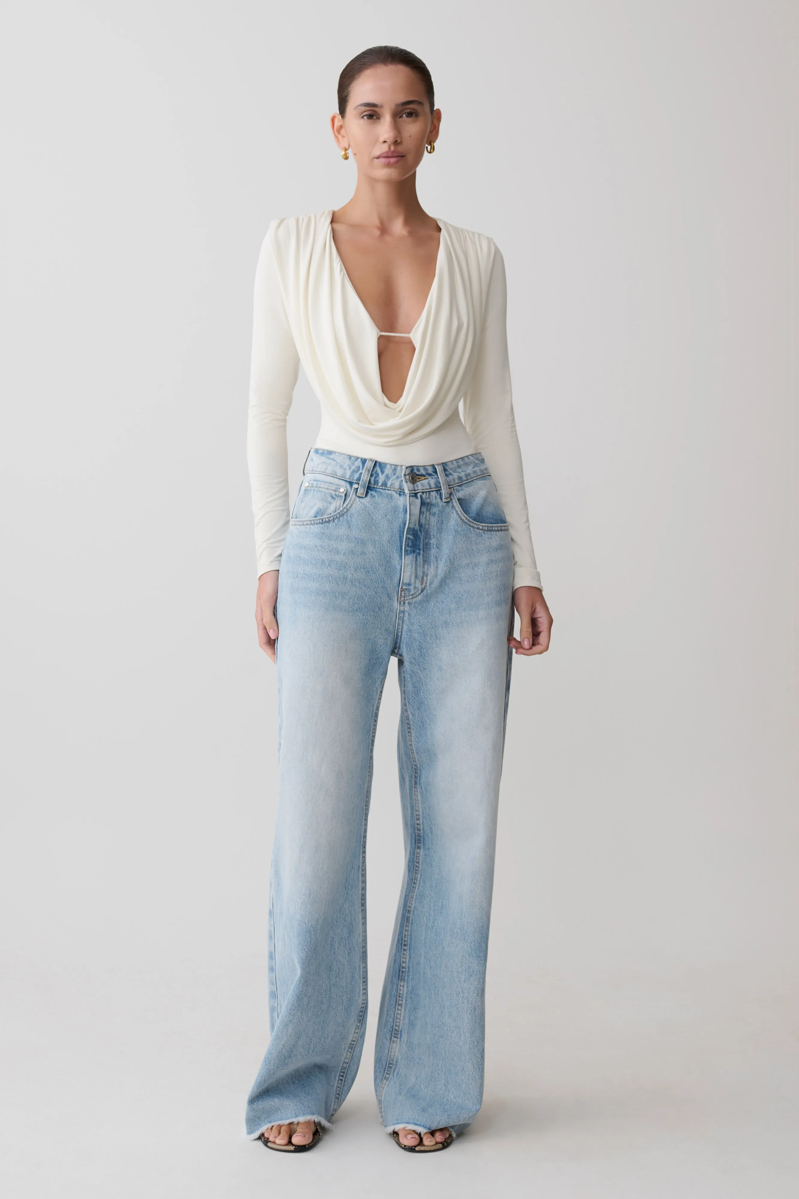 Ren Cowl Long Sleeve Slinky Bodysuit - Ivory sold by Meshki product image thumbnail 3