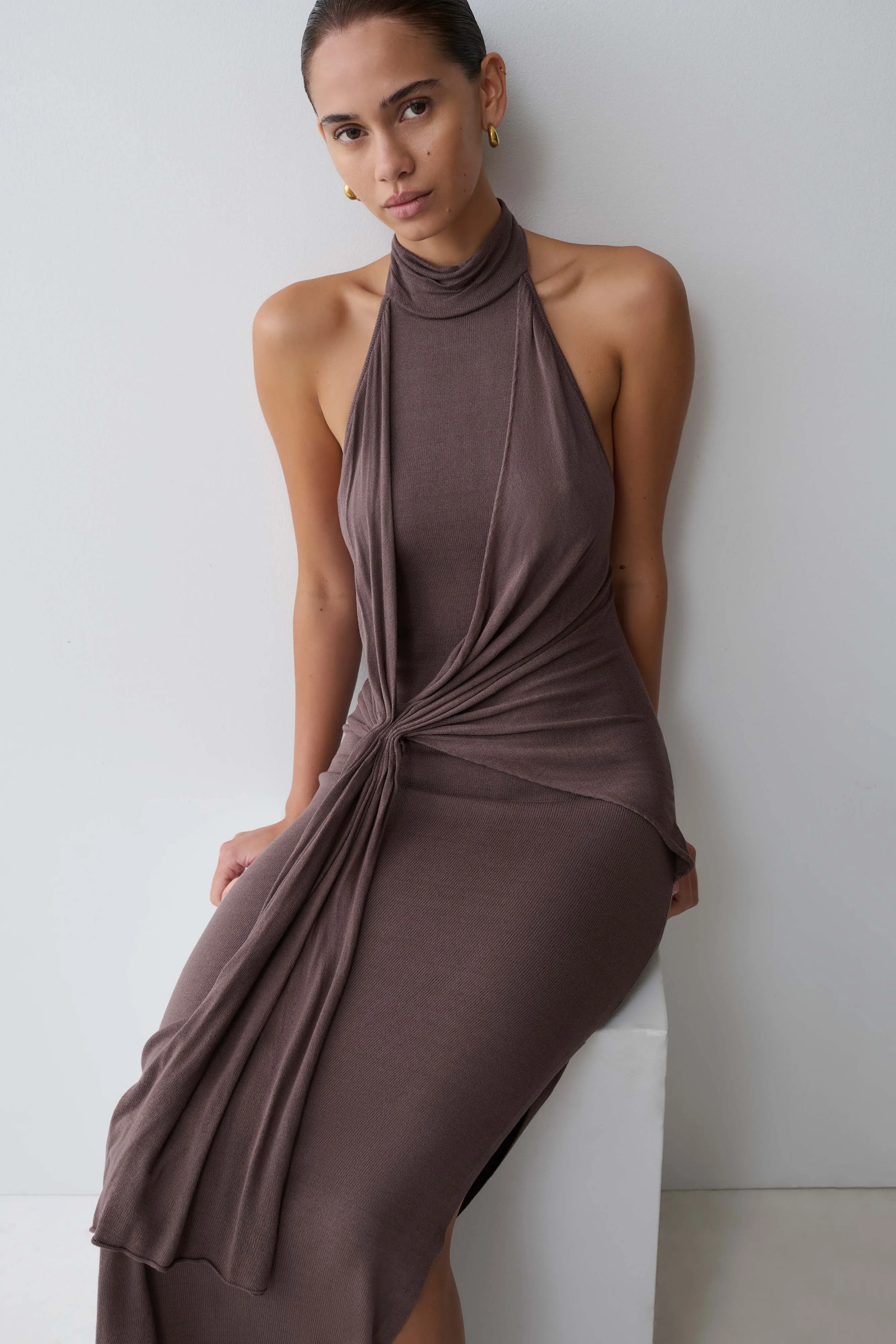 Cindylou Halter Knit Maxi Dress - Peppercorn sold by Meshki product image thumbnail 4