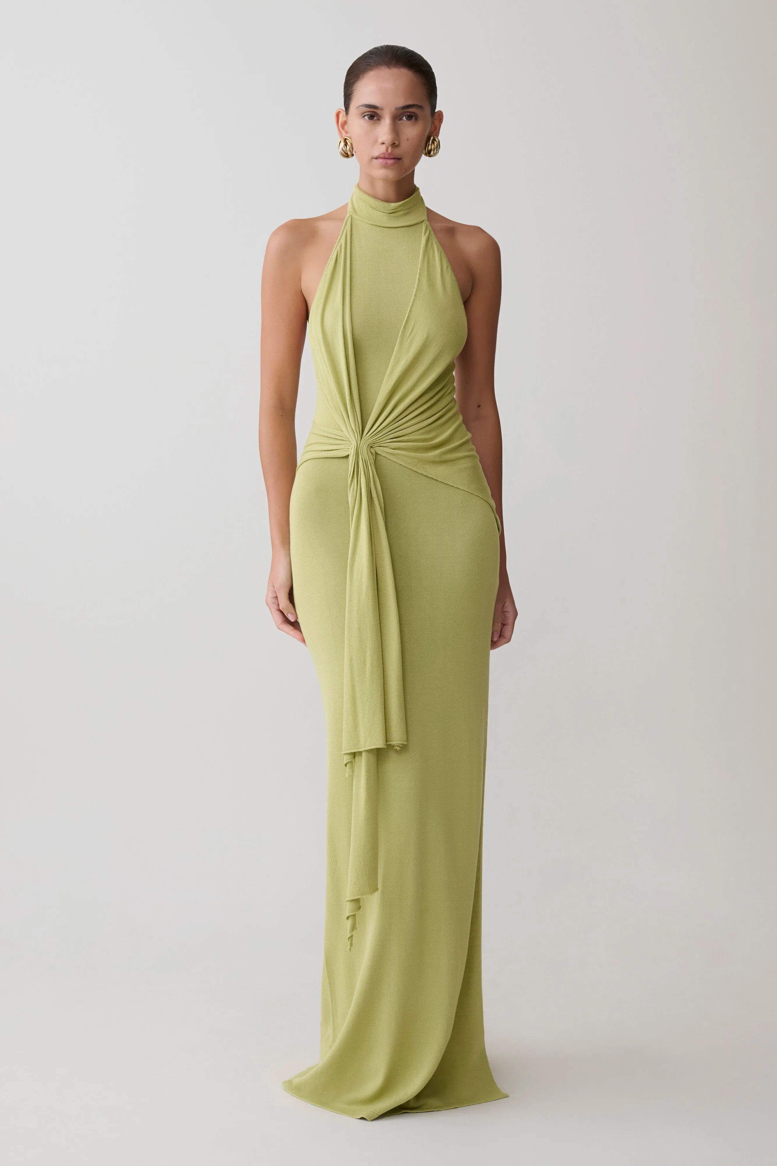 Cindylou Halter Knit Maxi Dress - Light Olive sold by Meshki