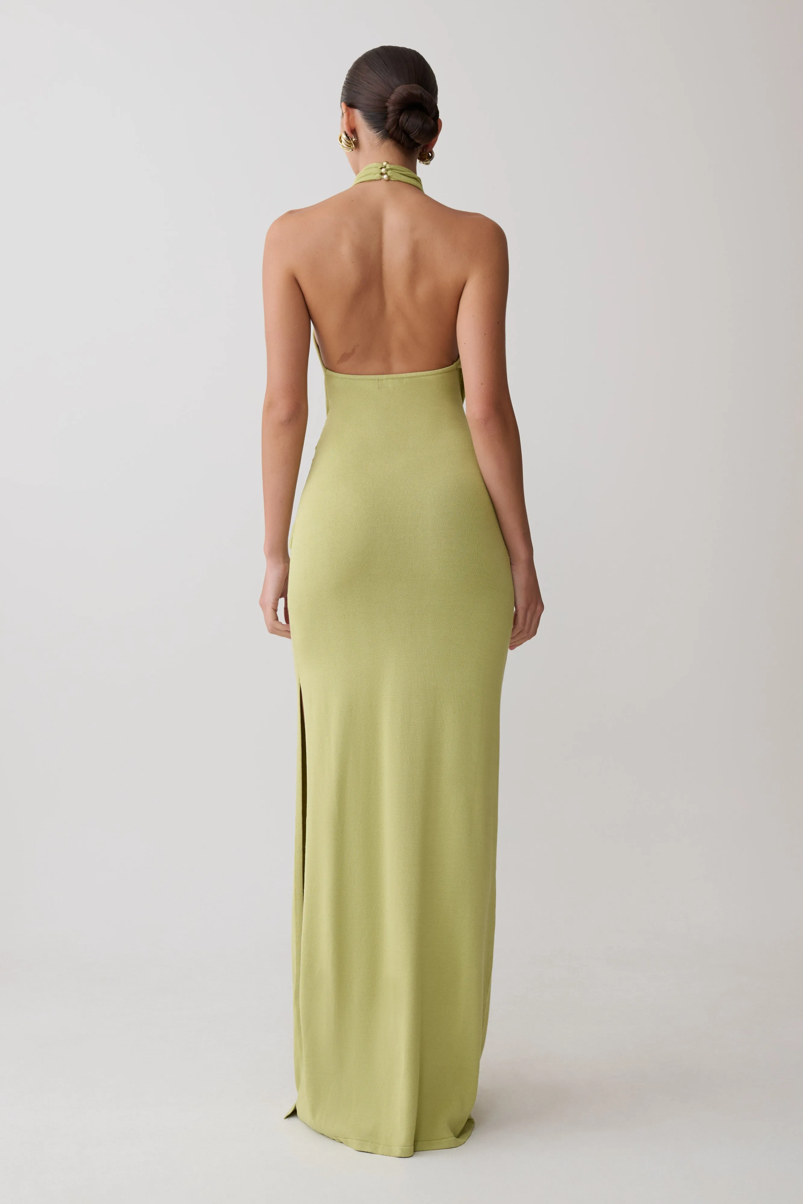 Cindylou Halter Knit Maxi Dress - Light Olive sold by Meshki product image thumbnail 2