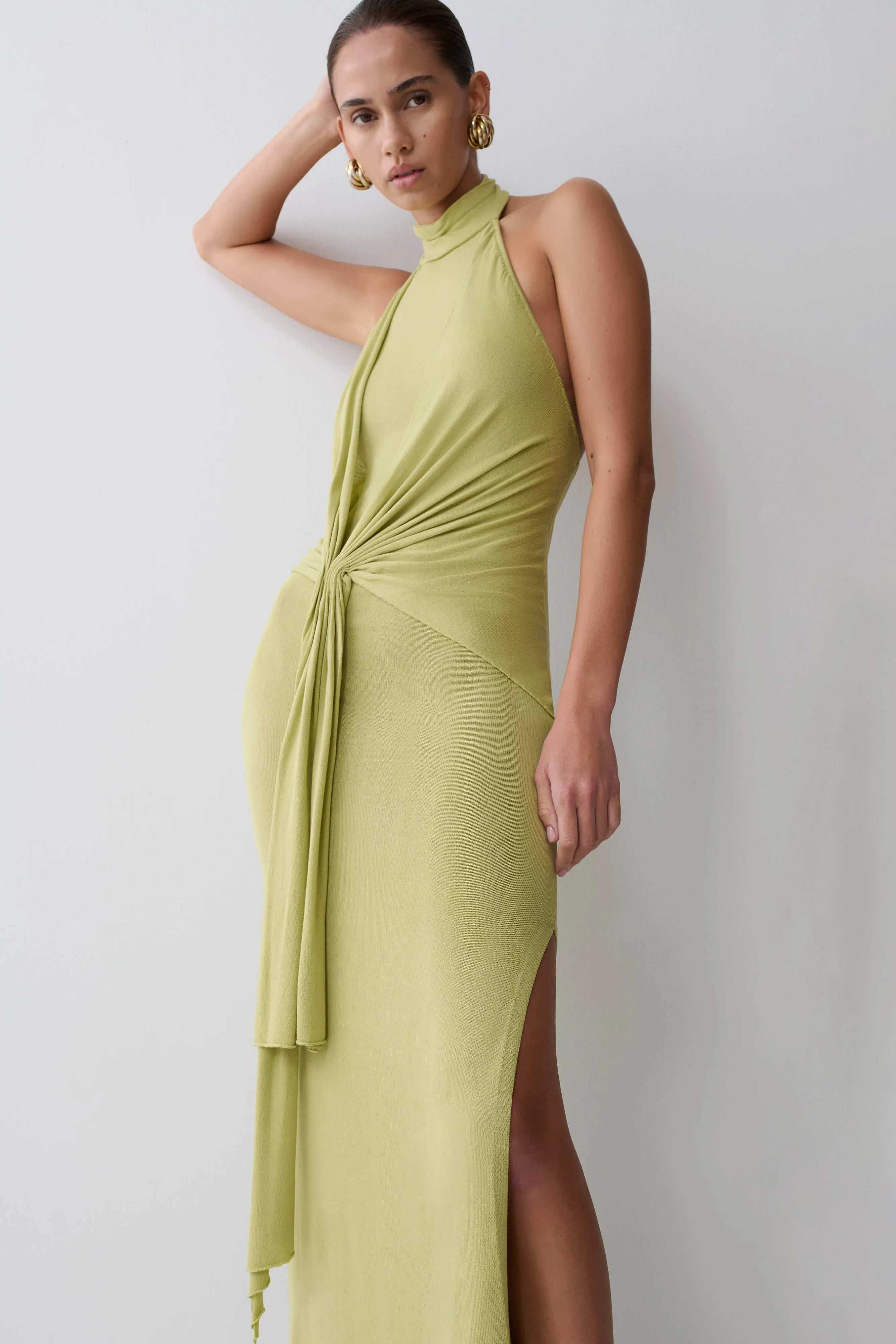 Cindylou Halter Knit Maxi Dress - Light Olive sold by Meshki product image thumbnail 3