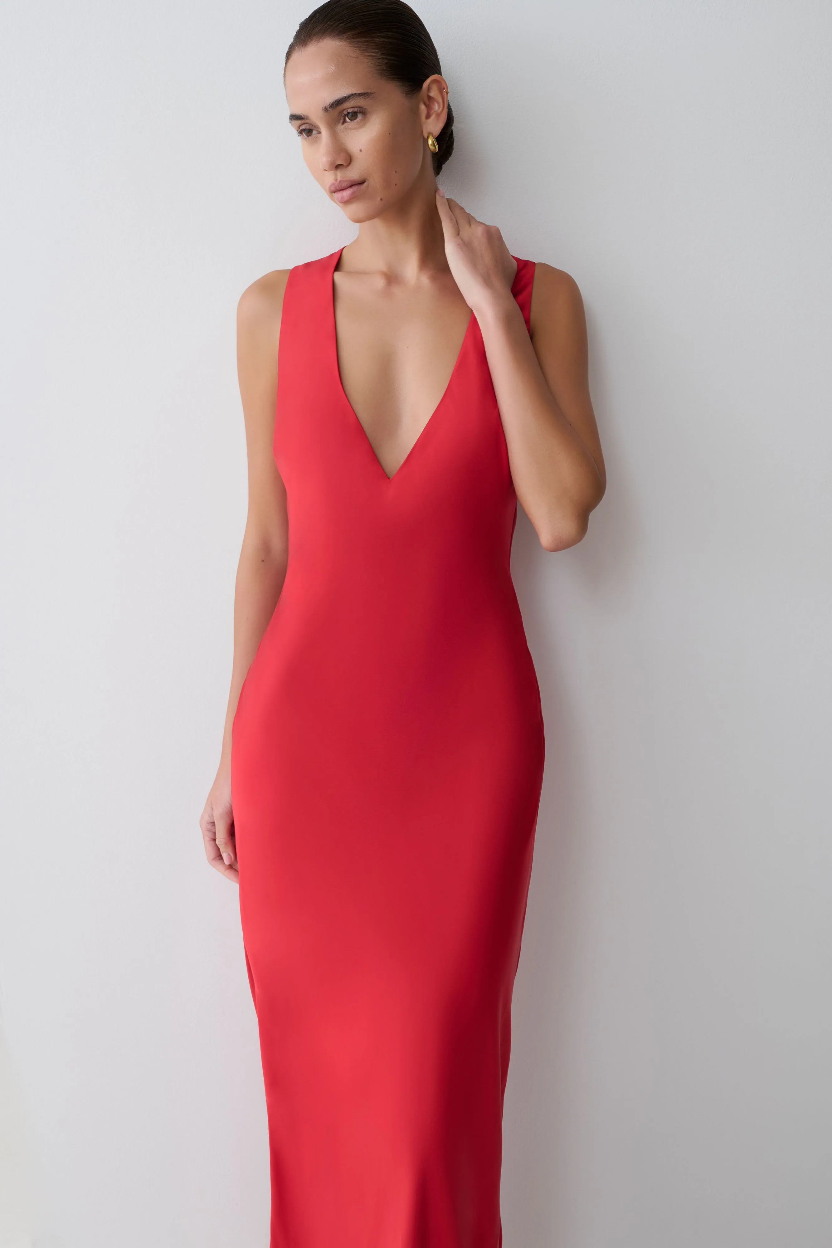 Esme Plunge Satin Maxi Dress - Red sold by Meshki