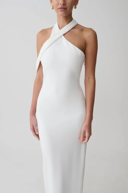 Sable Crossover Crepe Midi Dress - White made by Meshki