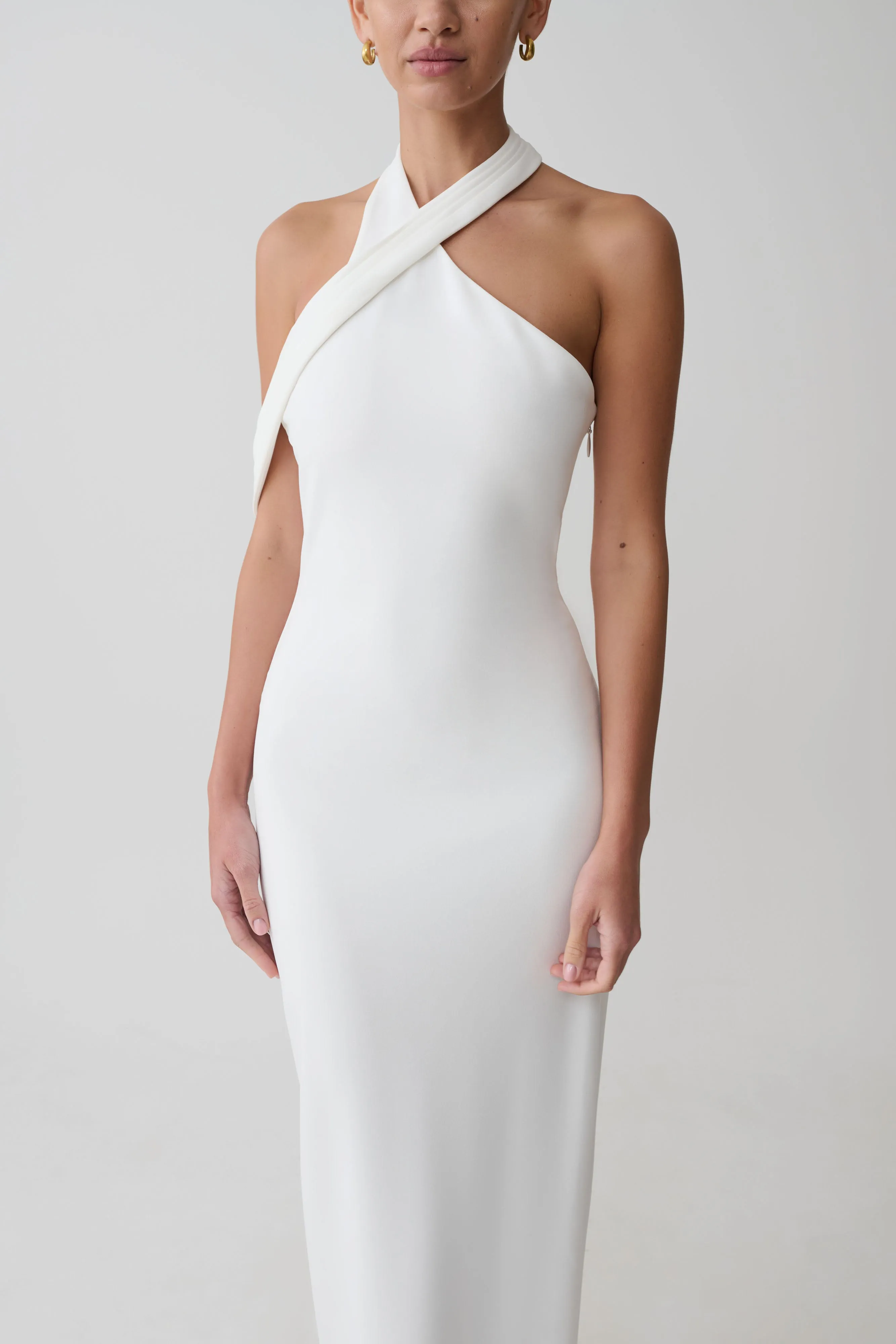 Sable Crossover Crepe Midi Dress - White sold by Meshki