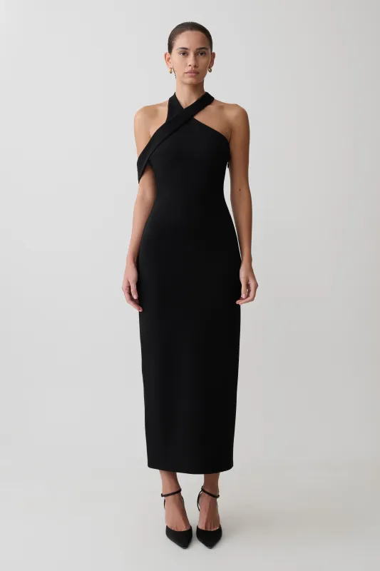 Sable Crossover Crepe Midi Dress - Black made by Meshki