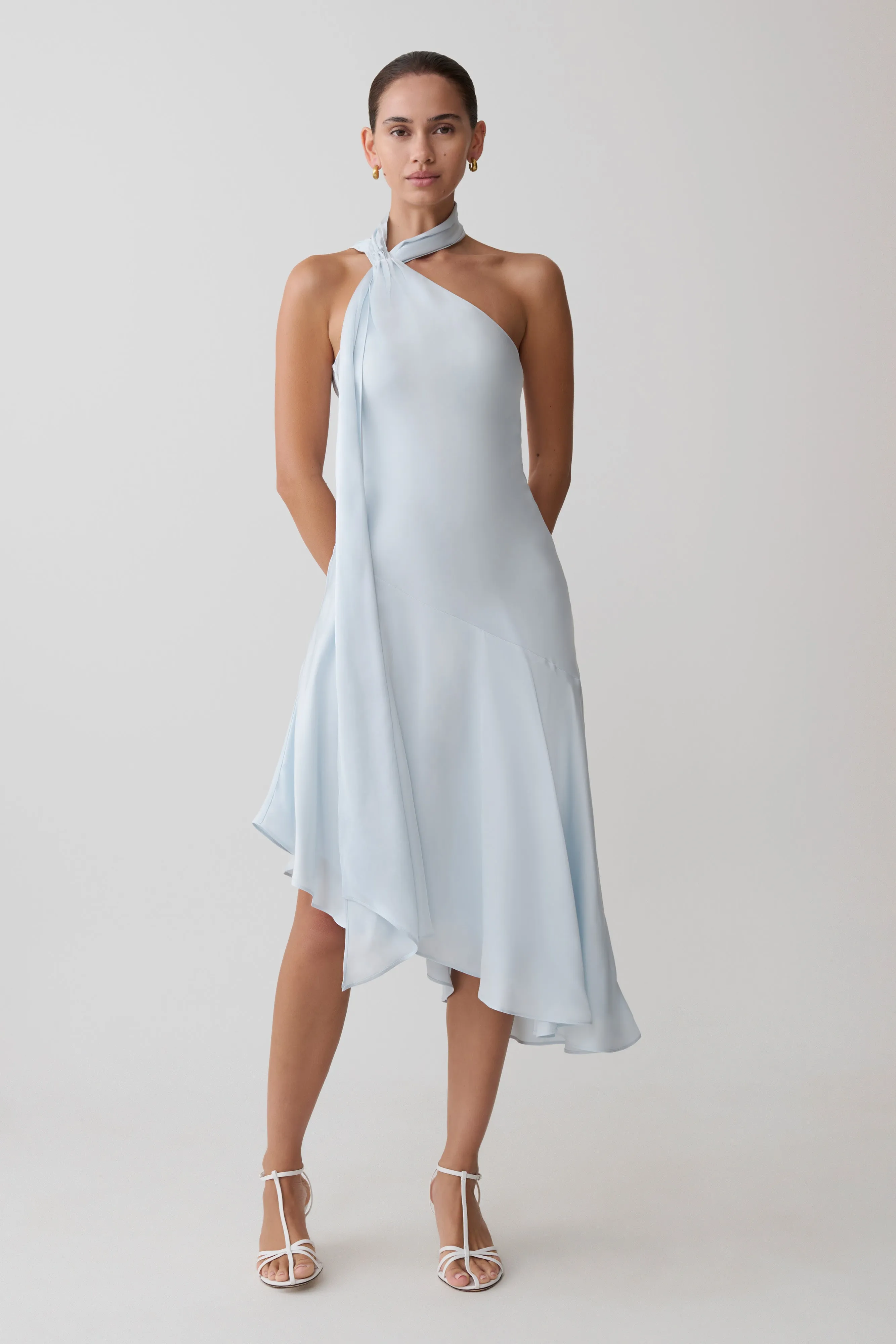 Evelina Halter Asymmetric Hem Midi Dress - Ice Blue sold by Meshki product image thumbnail 4