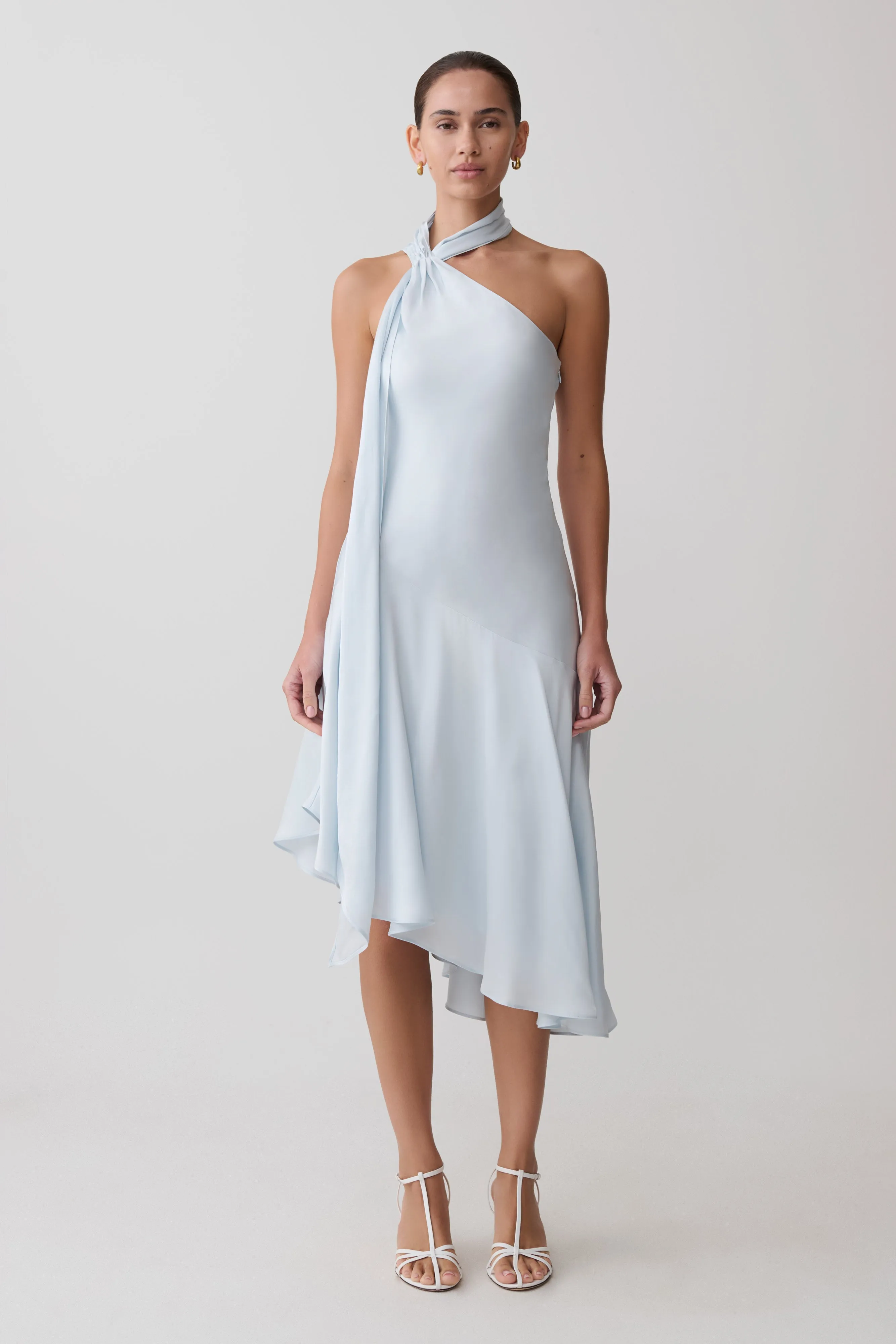 Evelina Halter Asymmetric Hem Midi Dress - Ice Blue sold by Meshki