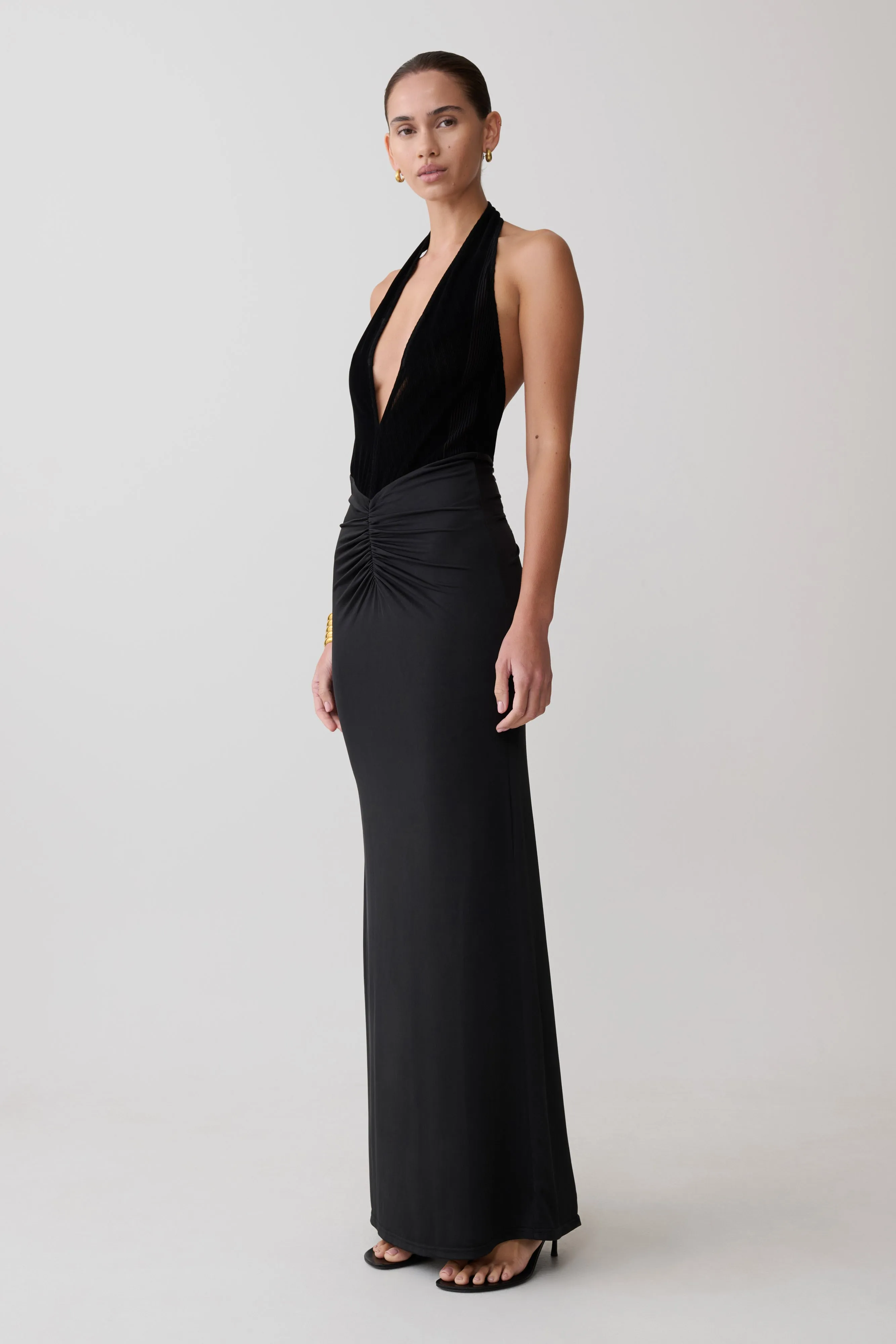 Lien Mesh Velvet Plunge Midi Dress - Black sold by Meshki product image thumbnail 3