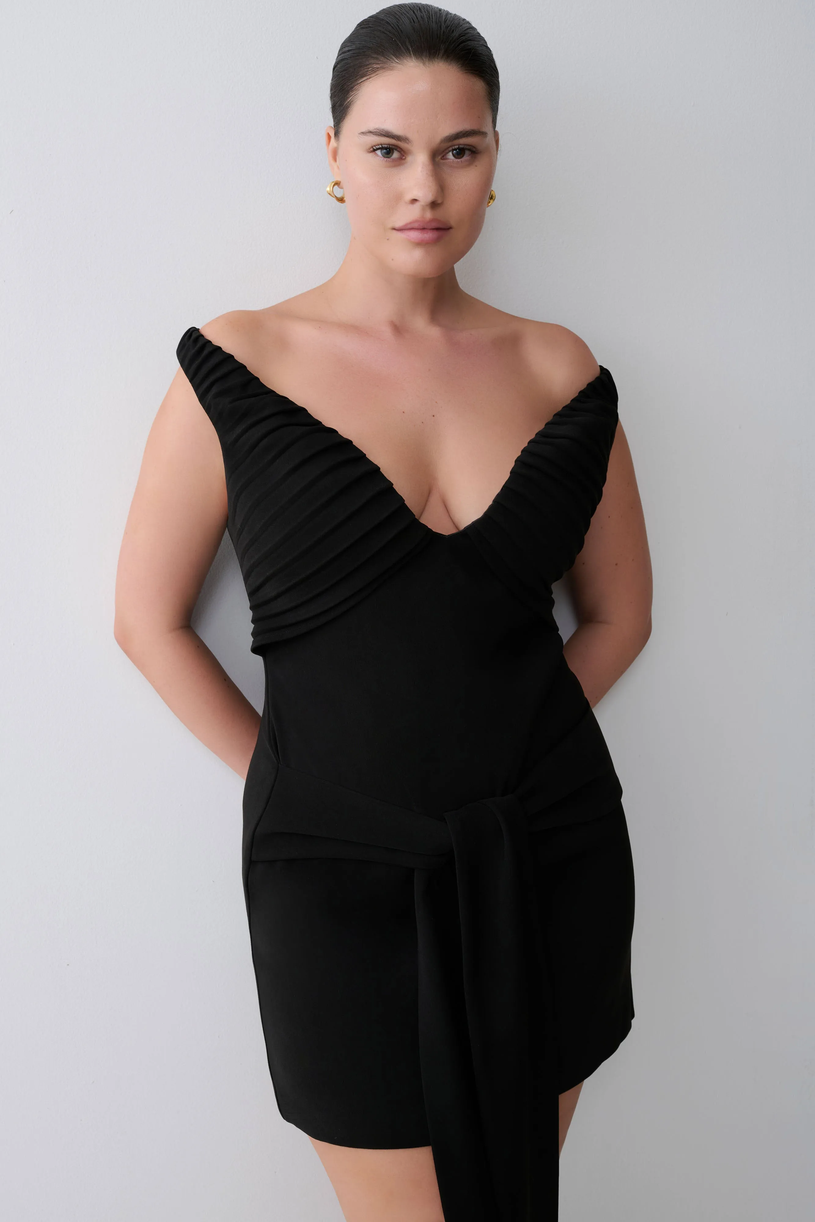 Runa Off Shoulder Mini Dress With Waist Tie - Black sold by Meshki product image thumbnail 4