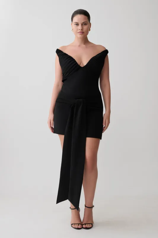 Runa Off Shoulder Mini Dress With Waist Tie - Black made by Meshki