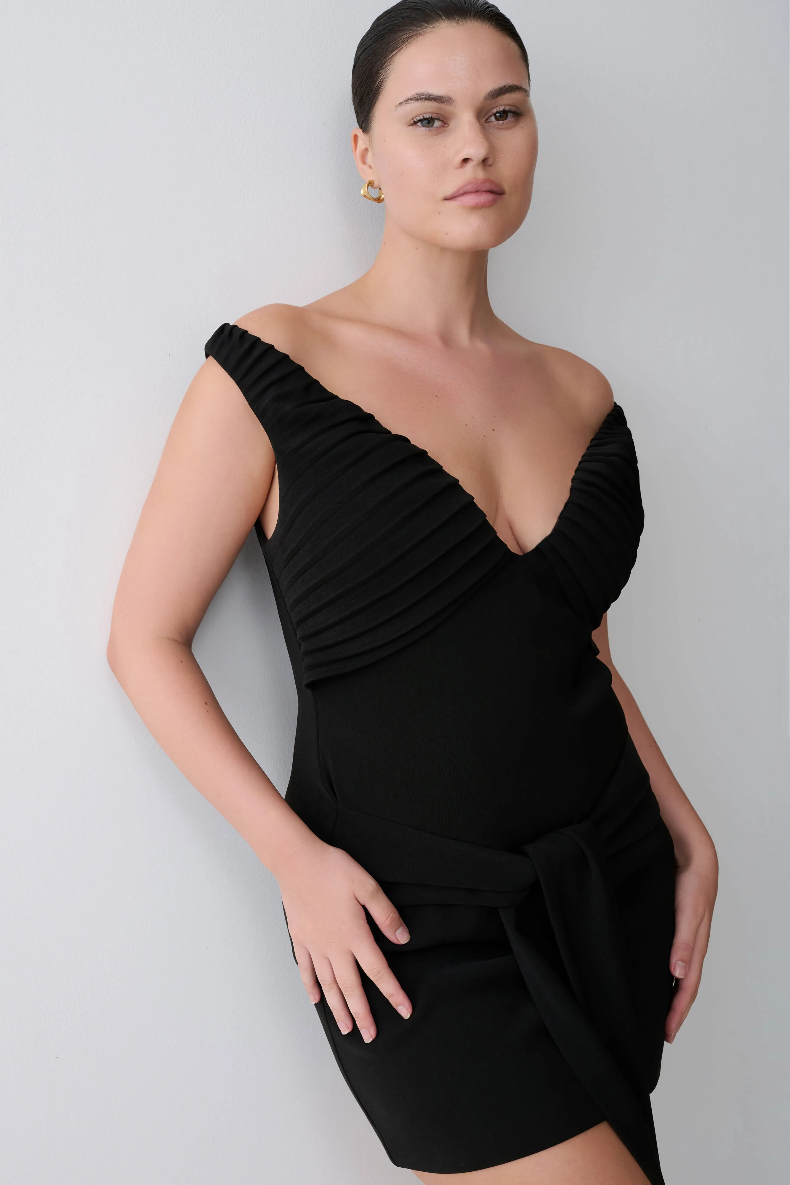 Runa Off Shoulder Mini Dress With Waist Tie - Black sold by Meshki product image thumbnail 5