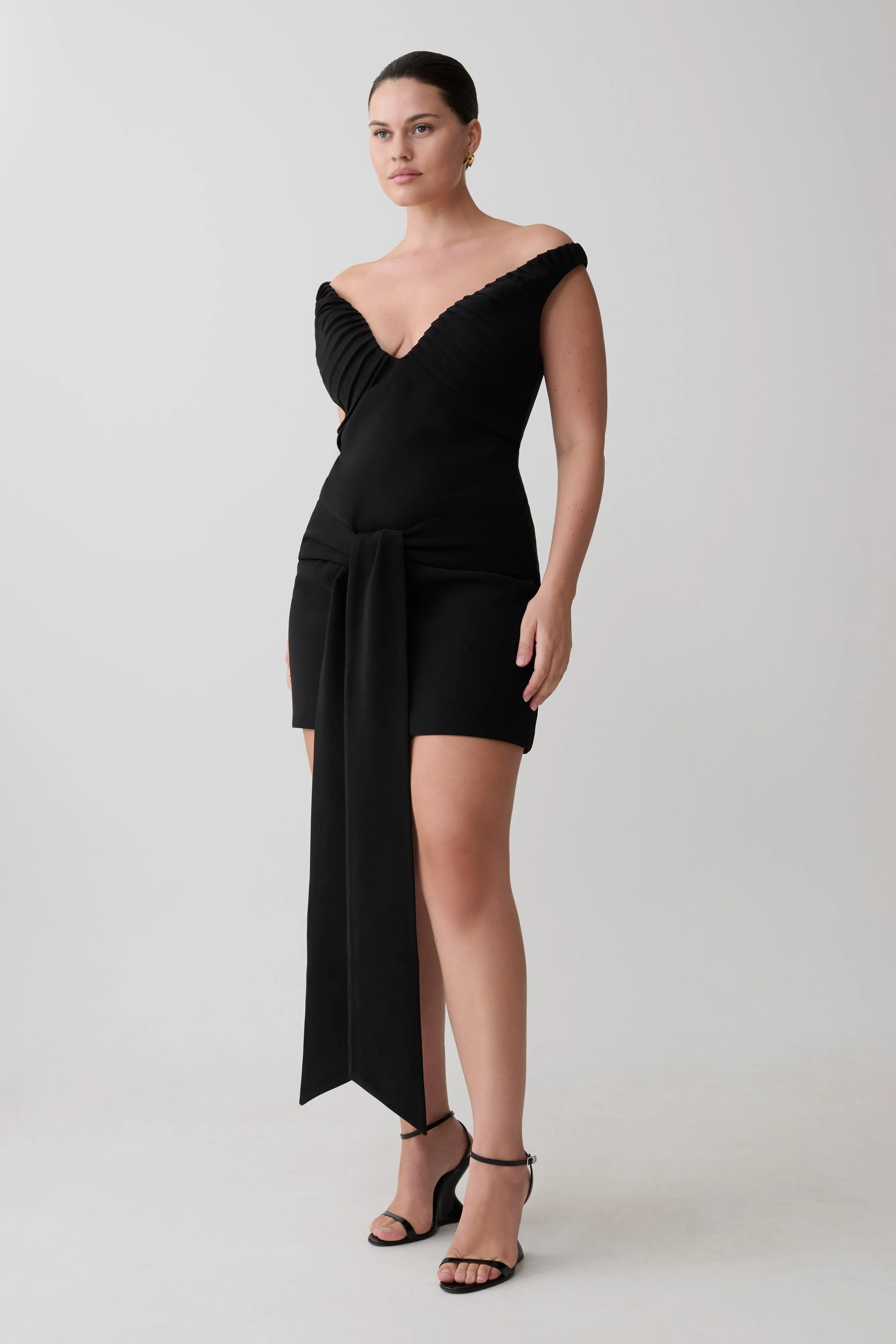 Runa Off Shoulder Mini Dress With Waist Tie - Black sold by Meshki product image thumbnail 3