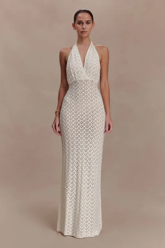Deeliah Halterneck Crochet Maxi Dress -  Ivory made by Meshki