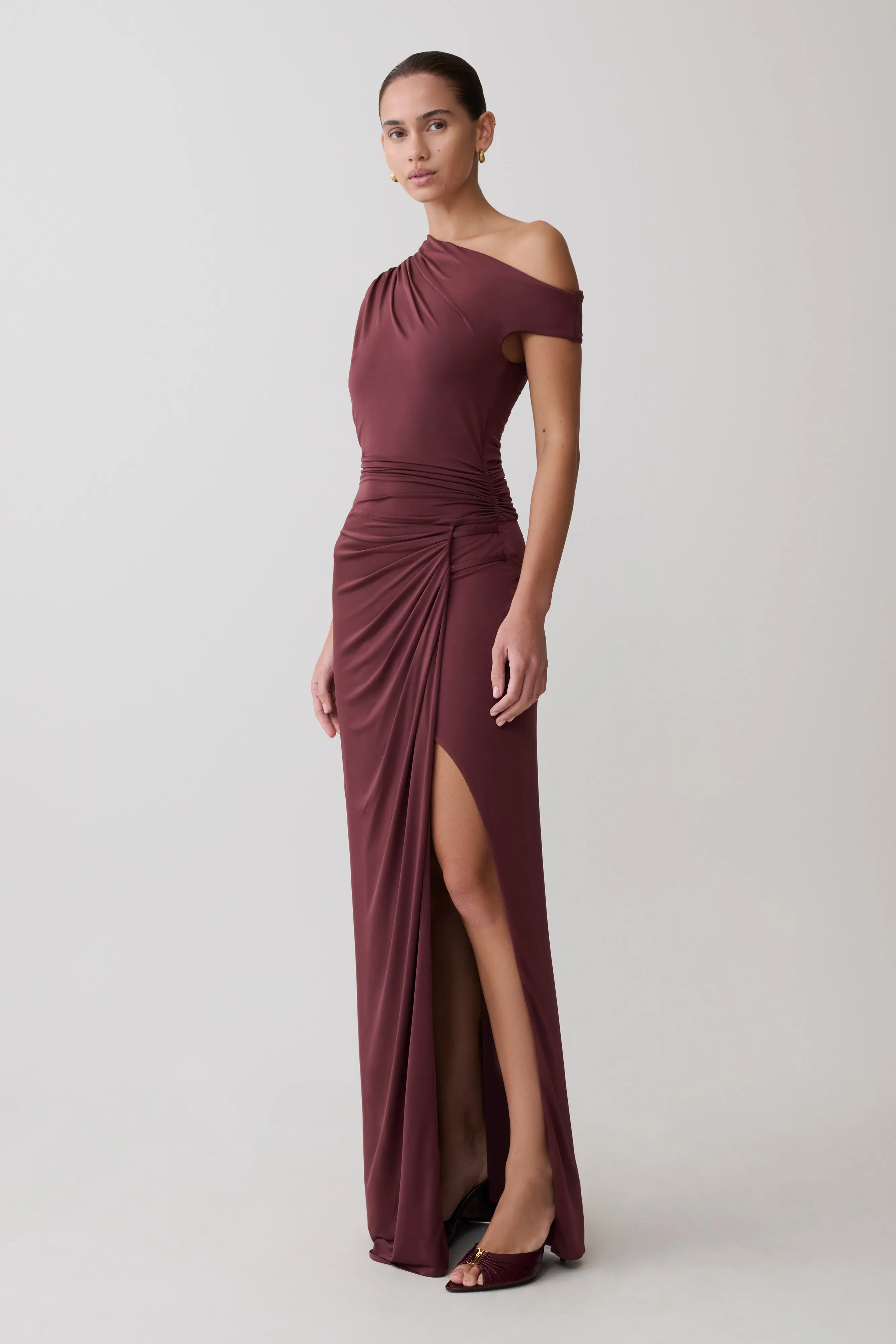 Alyn Off Shoulder Draped Maxi Dress - Dark Plum sold by Meshki product image thumbnail 3