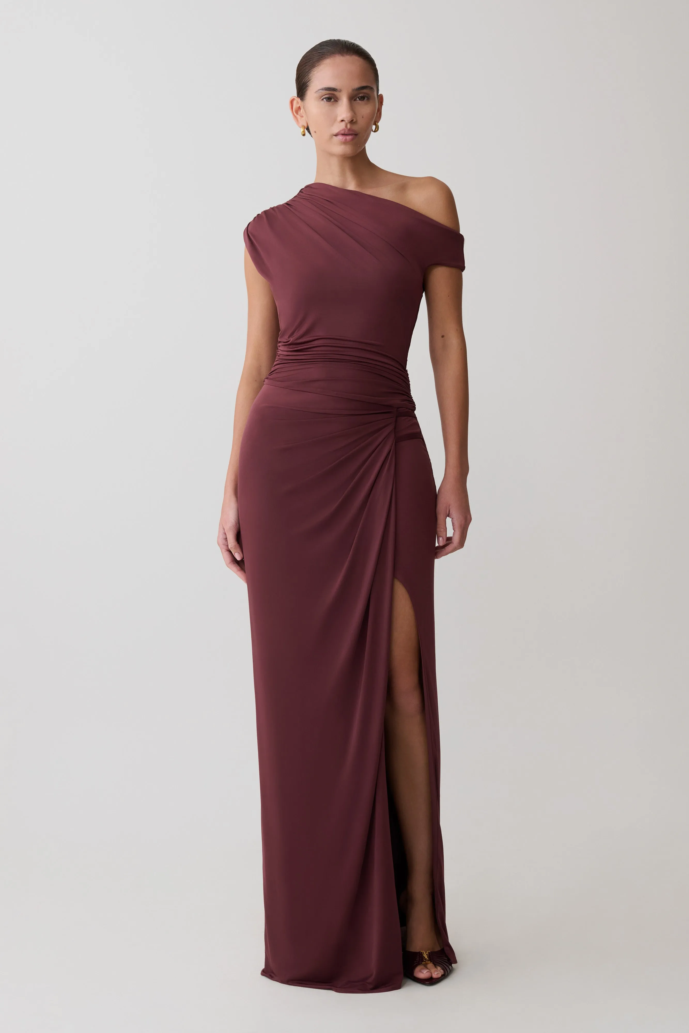 Alyn Off Shoulder Draped Maxi Dress - Dark Plum sold by Meshki product image thumbnail 4