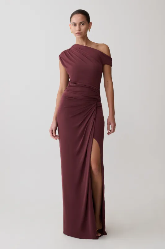 Alyn Off Shoulder Draped Maxi Dress - Dark Plum made by Meshki