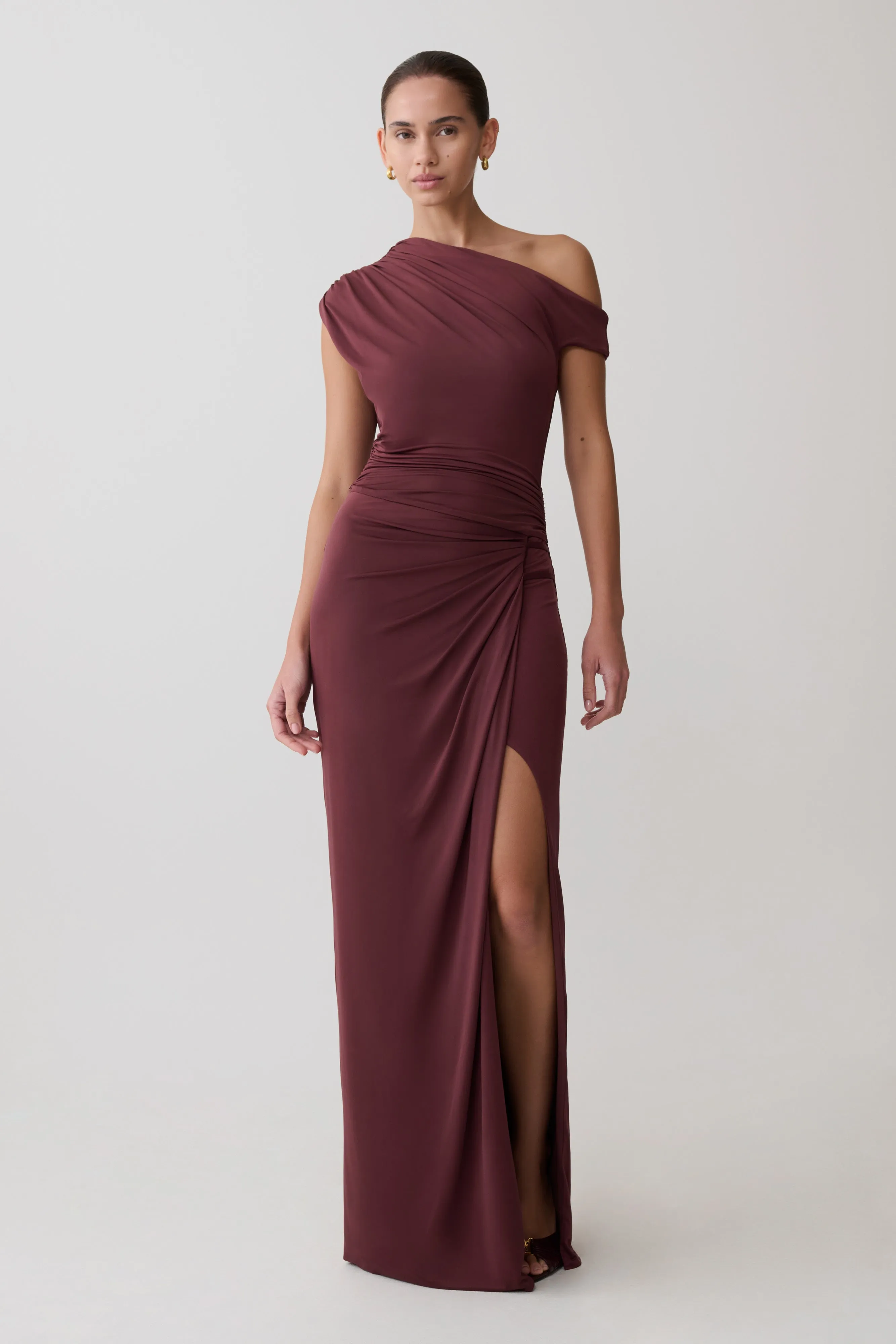 Alyn Off Shoulder Draped Maxi Dress - Dark Plum sold by Meshki