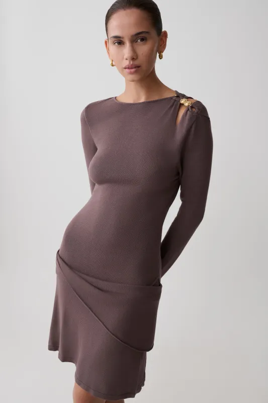 Cresida Knit Long Sleeve Mini Dress With Hardware - Peppercorn made by Meshki