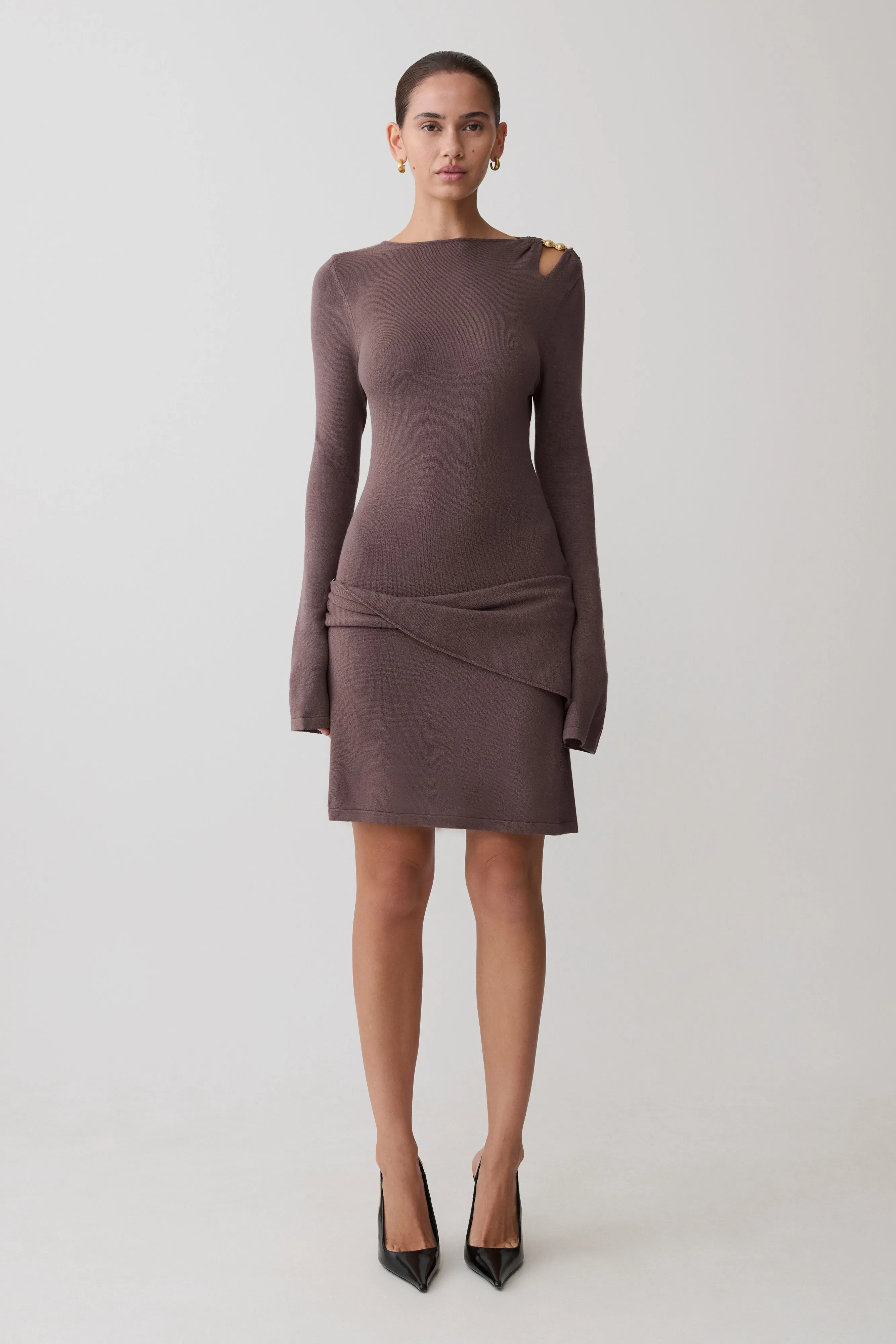 Cresida Knit Long Sleeve Mini Dress With Hardware - Peppercorn sold by Meshki product image thumbnail 5