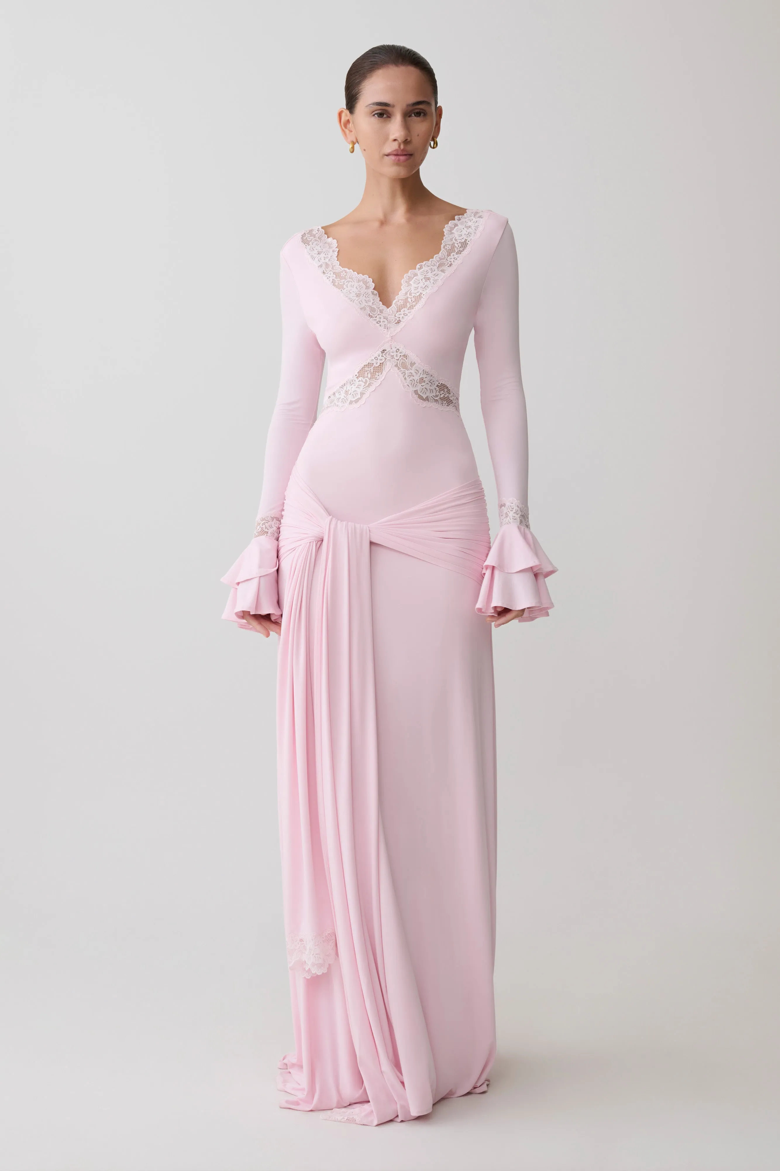 Electra Slinky Lace Maxi Dress - Ballet Pink sold by Meshki product image thumbnail 4