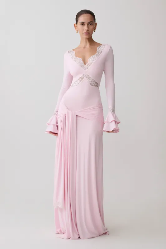 Electra Slinky Lace Maxi Dress - Ballet Pink made by Meshki