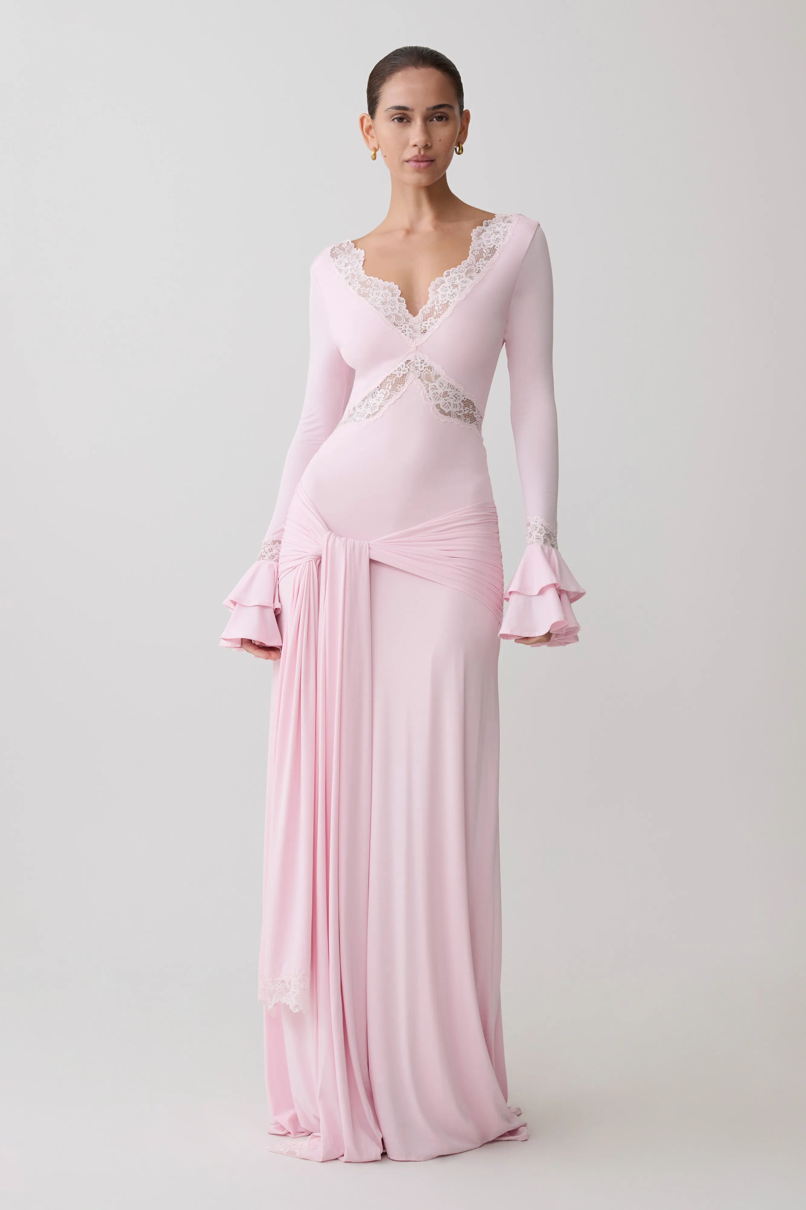 Electra Slinky Lace Maxi Dress - Ballet Pink sold by Meshki