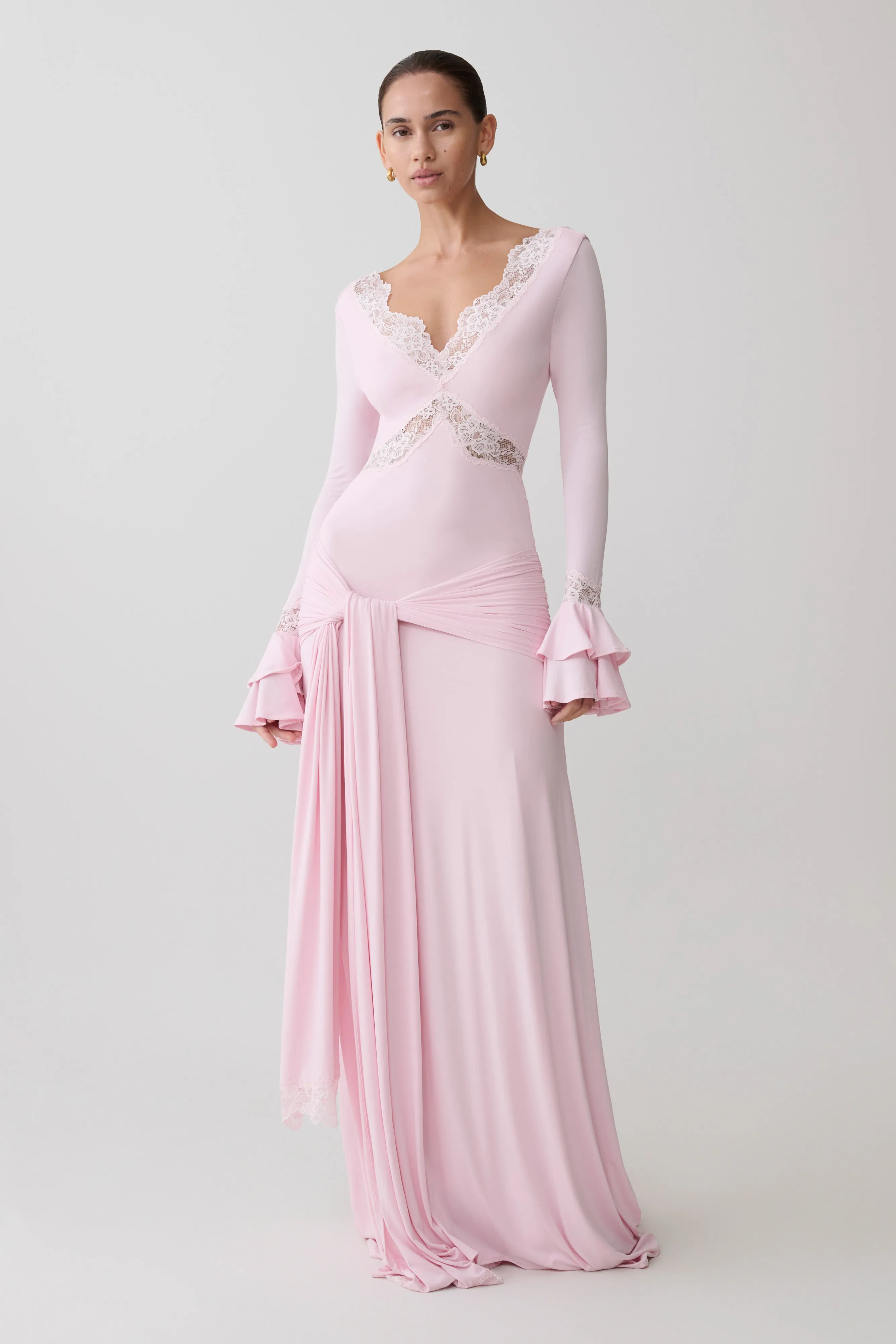 Electra Slinky Lace Maxi Dress - Ballet Pink sold by Meshki product image thumbnail 5
