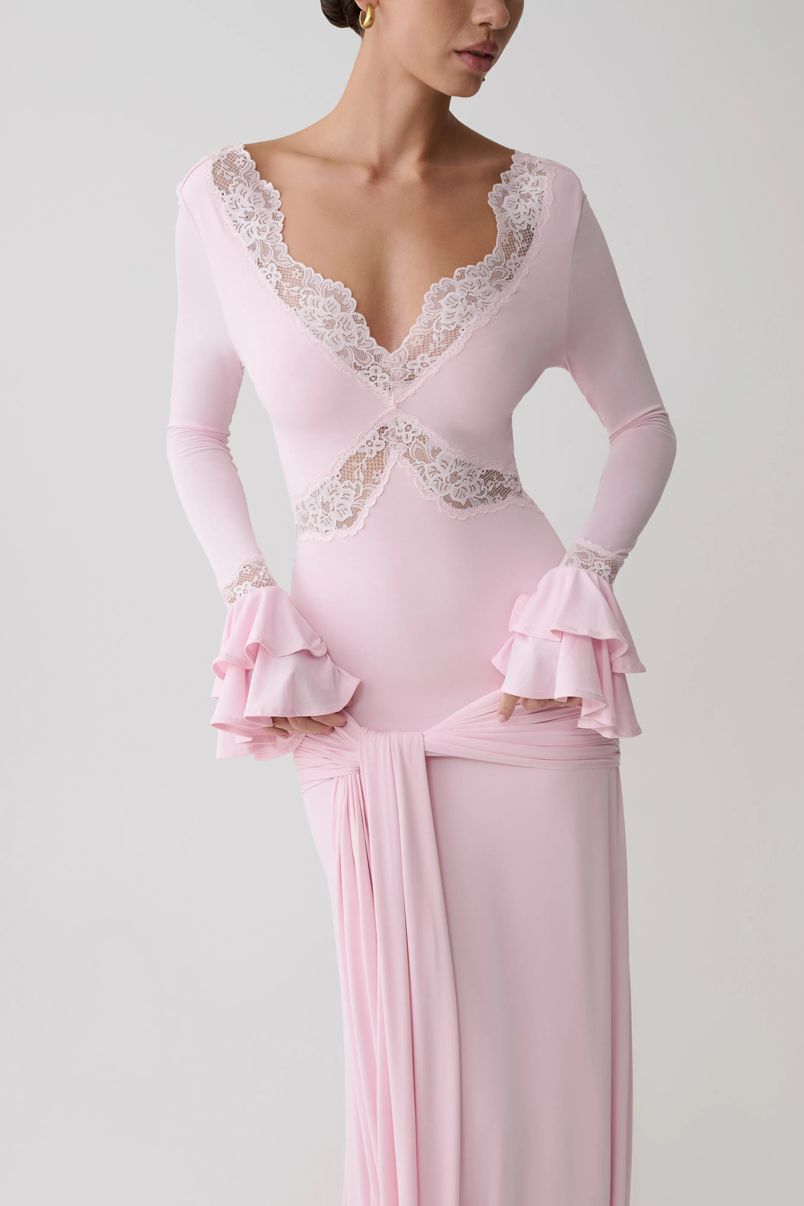 Electra Slinky Lace Maxi Dress - Ballet Pink sold by Meshki product image thumbnail 3