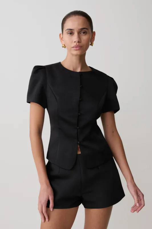 Anne Short Sleeve Satin Top - Black made by Meshki