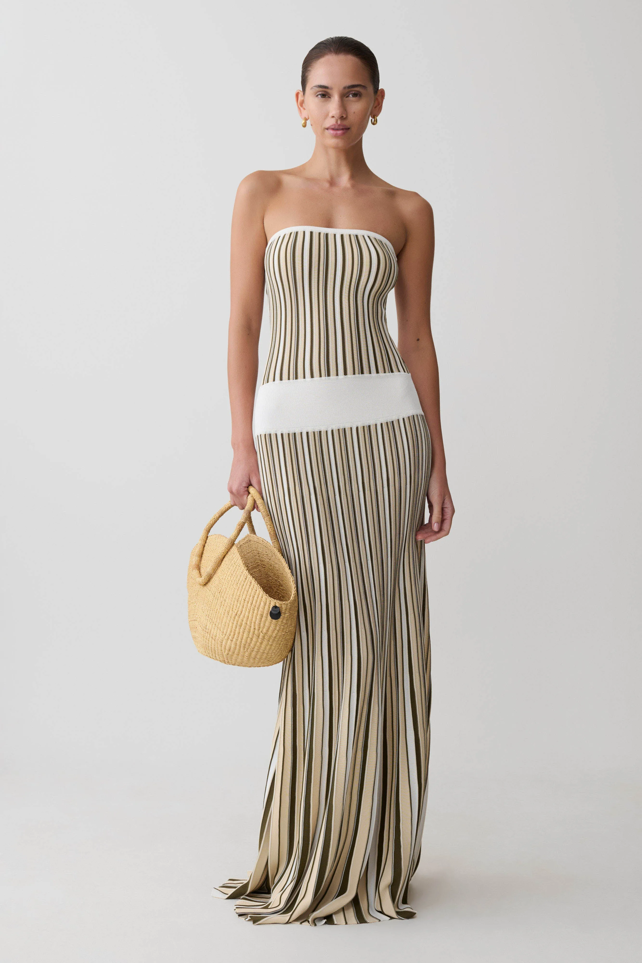 Joyce Stripe Maxi Knit Dress - Khaki/Ivory sold by Meshki product image thumbnail 3
