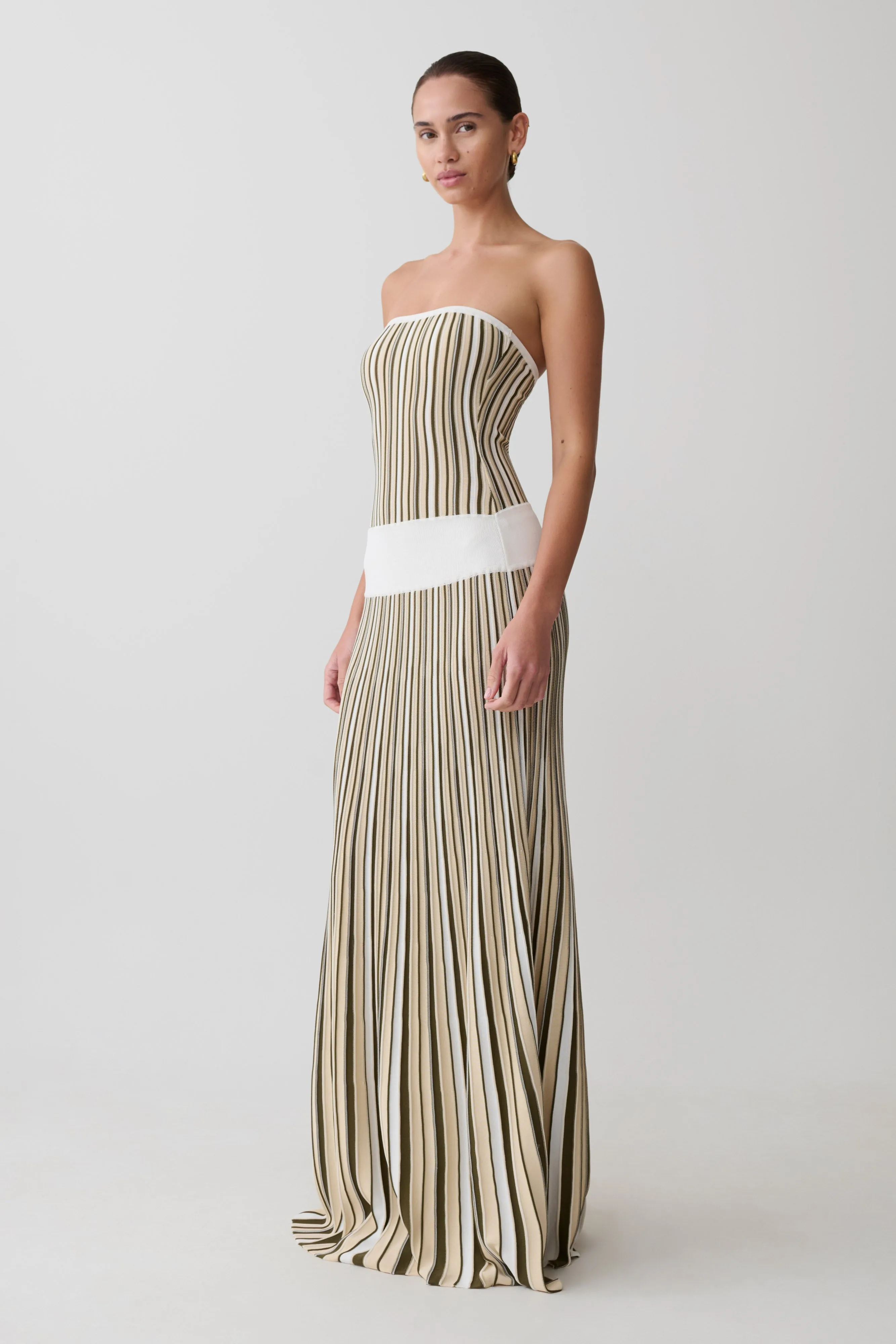 Joyce Stripe Maxi Knit Dress - Khaki/Ivory sold by Meshki product image thumbnail 4