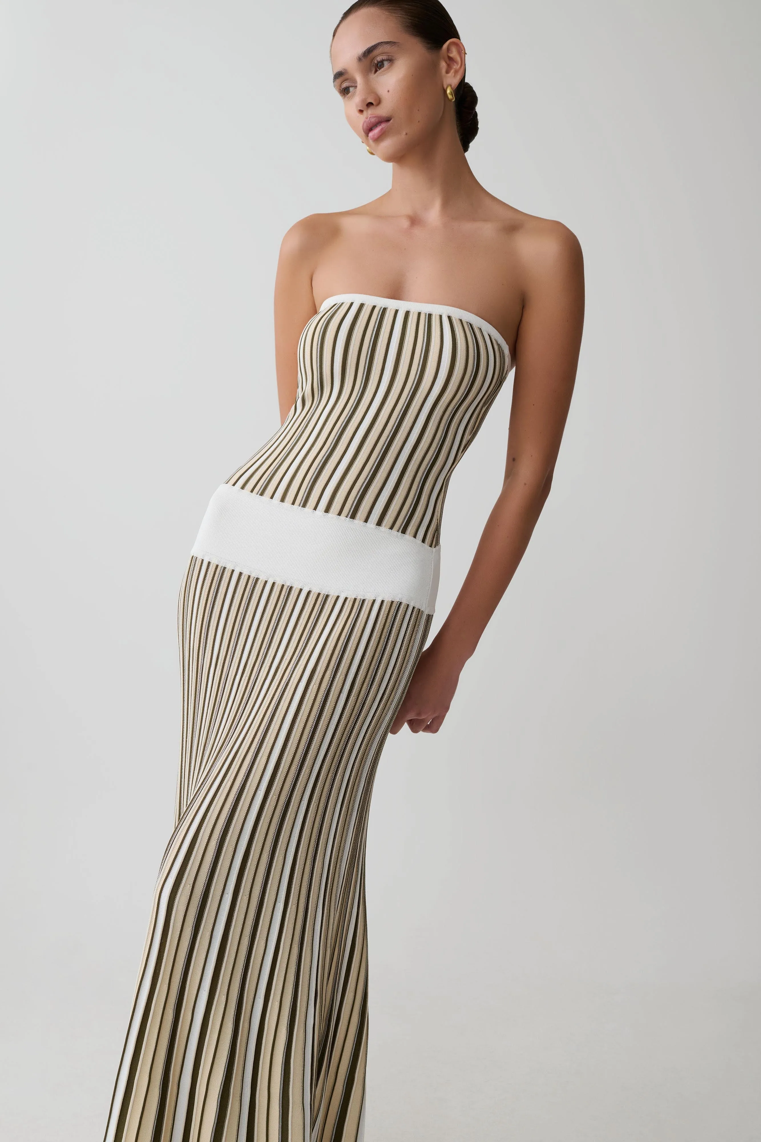 Joyce Stripe Maxi Knit Dress - Khaki/Ivory sold by Meshki