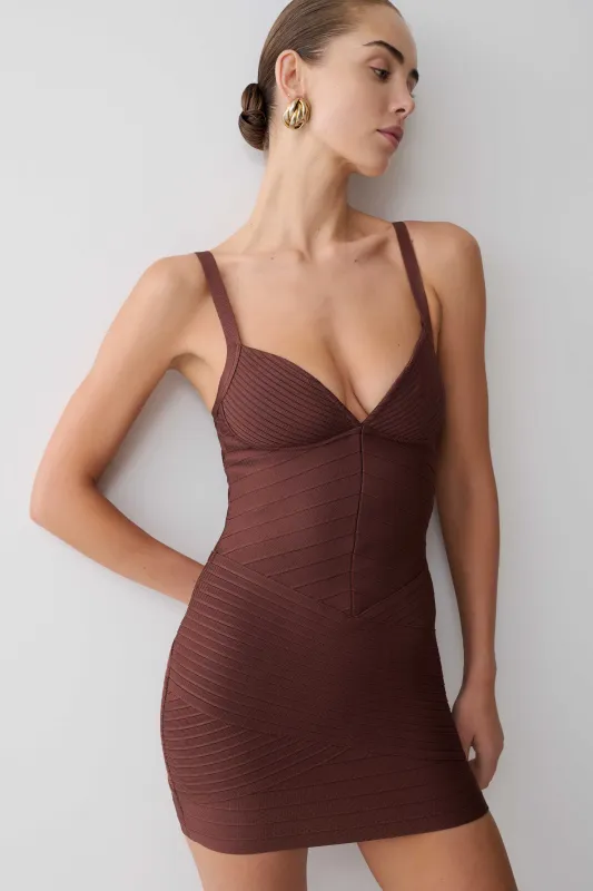 Maison Bandage Knit Mini Dress - Chocolate made by Meshki