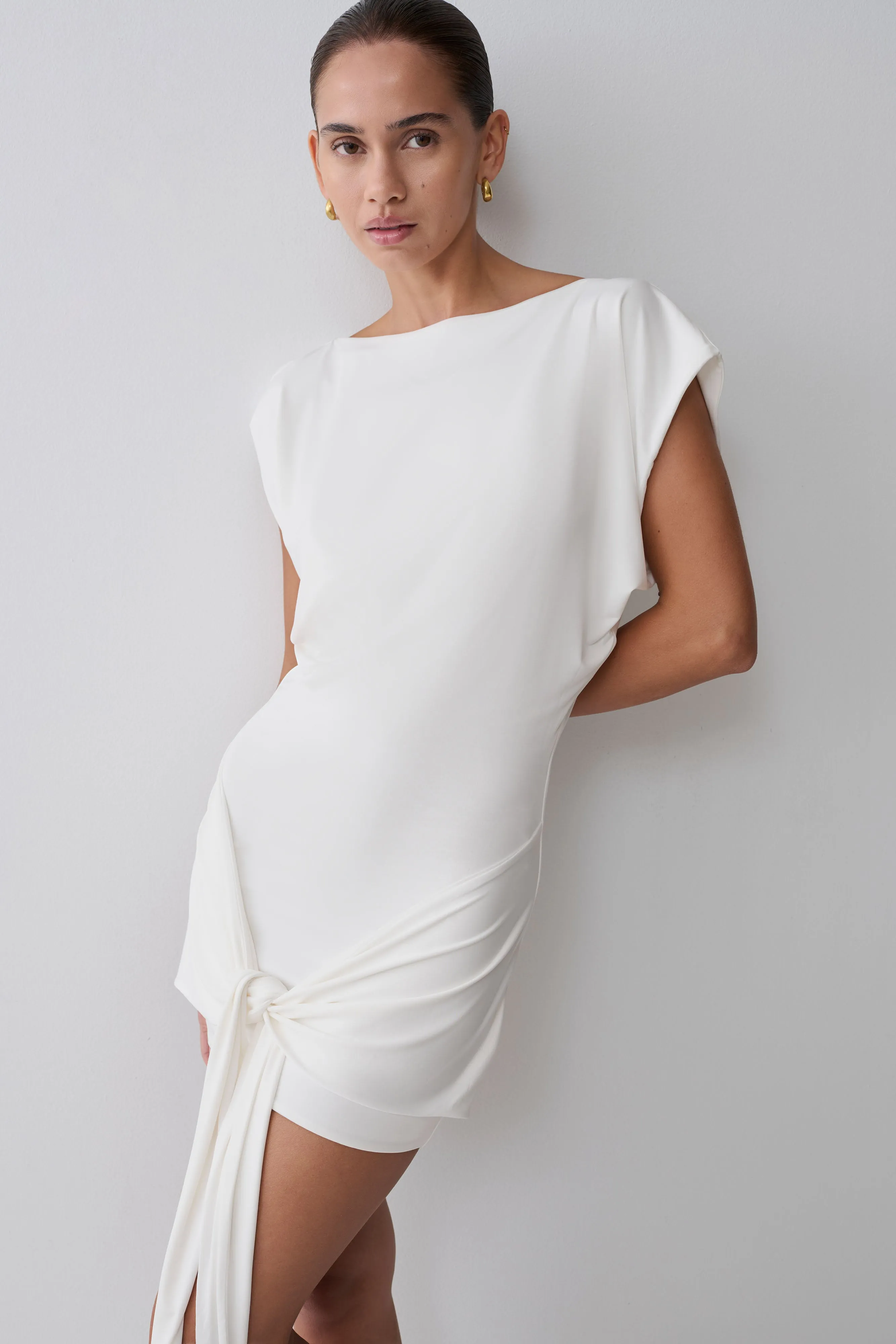 Maiara Shortsleeve Slinky Tie Mini Dress - White sold by Meshki