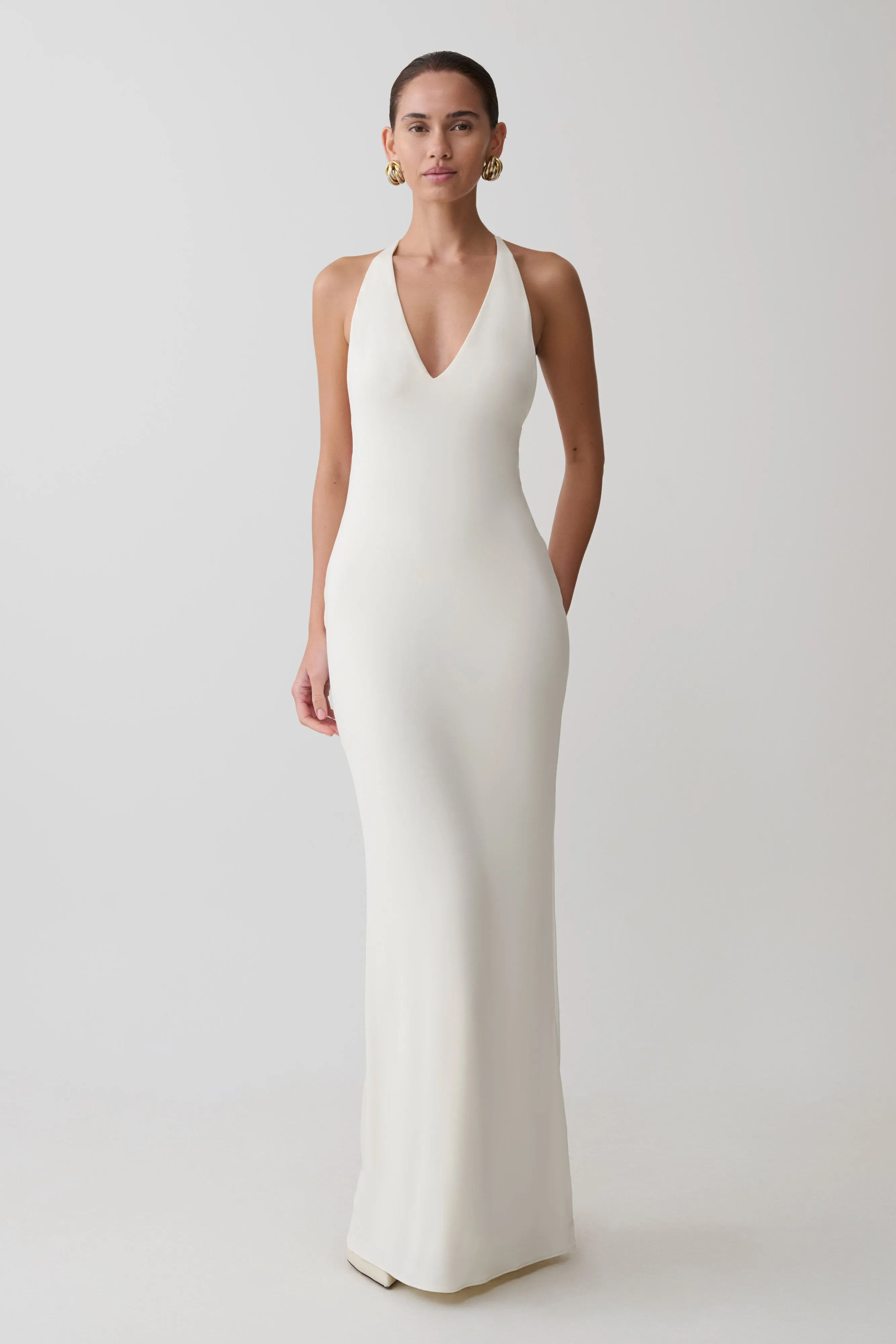 Hana Slinky Plunge Maxi Dress - Ivory sold by Meshki