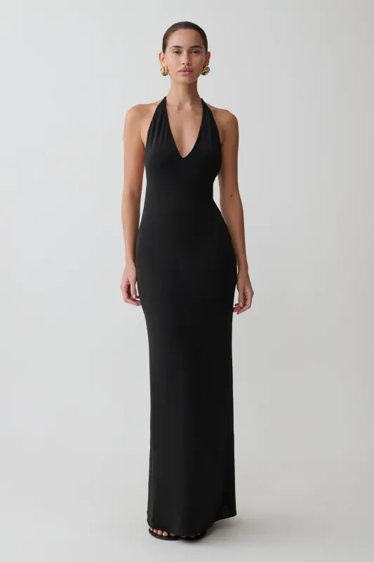 Hana Slinky Plunge Maxi Dress - Black made by Meshki