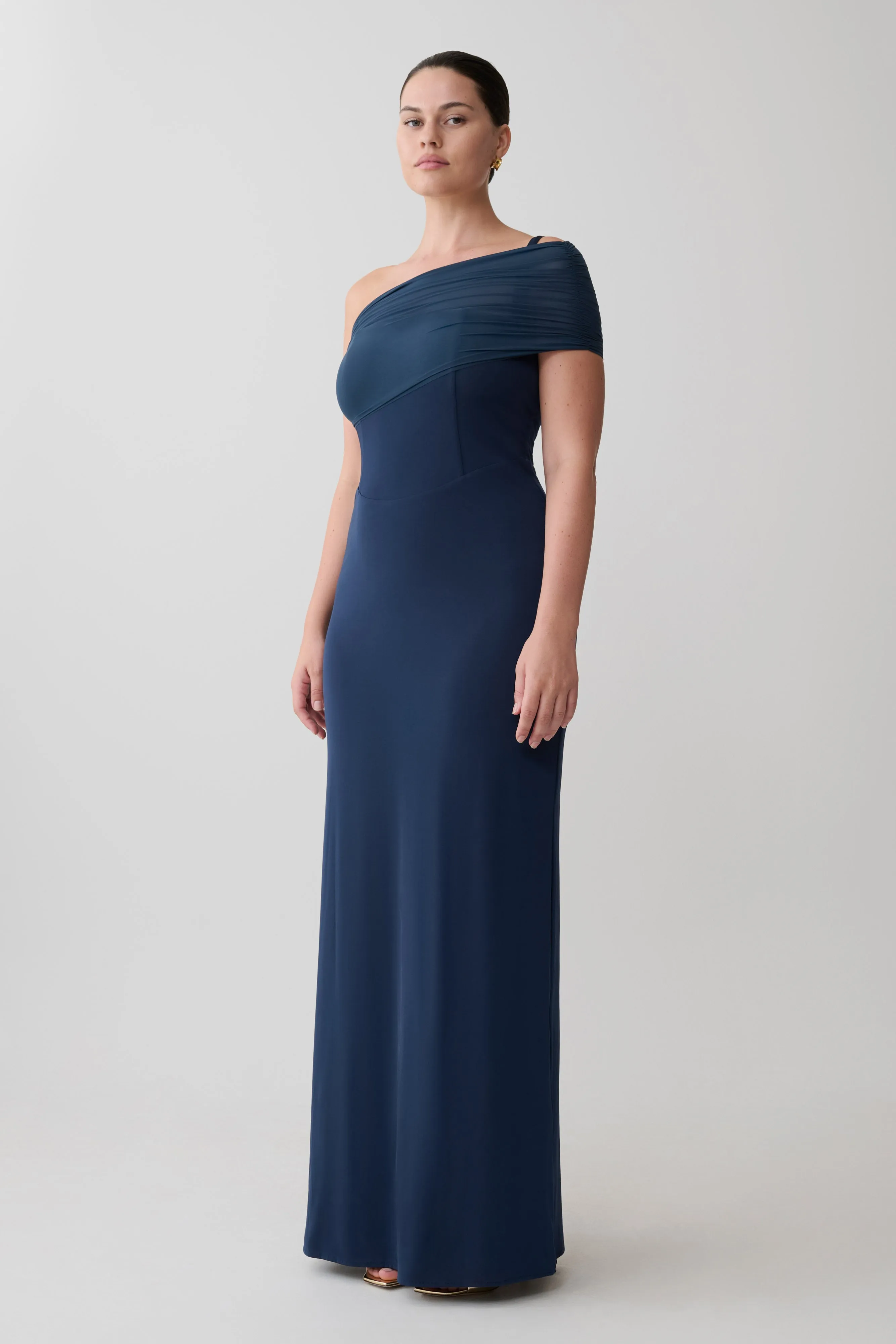 Hanh One Shoulder Mesh Maxi Dress - Ink Blue sold by Meshki product image thumbnail 5